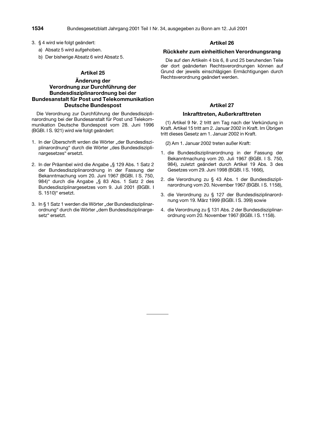 BGBl. 2001, Seite 1534 — Originalseite als Abbildung