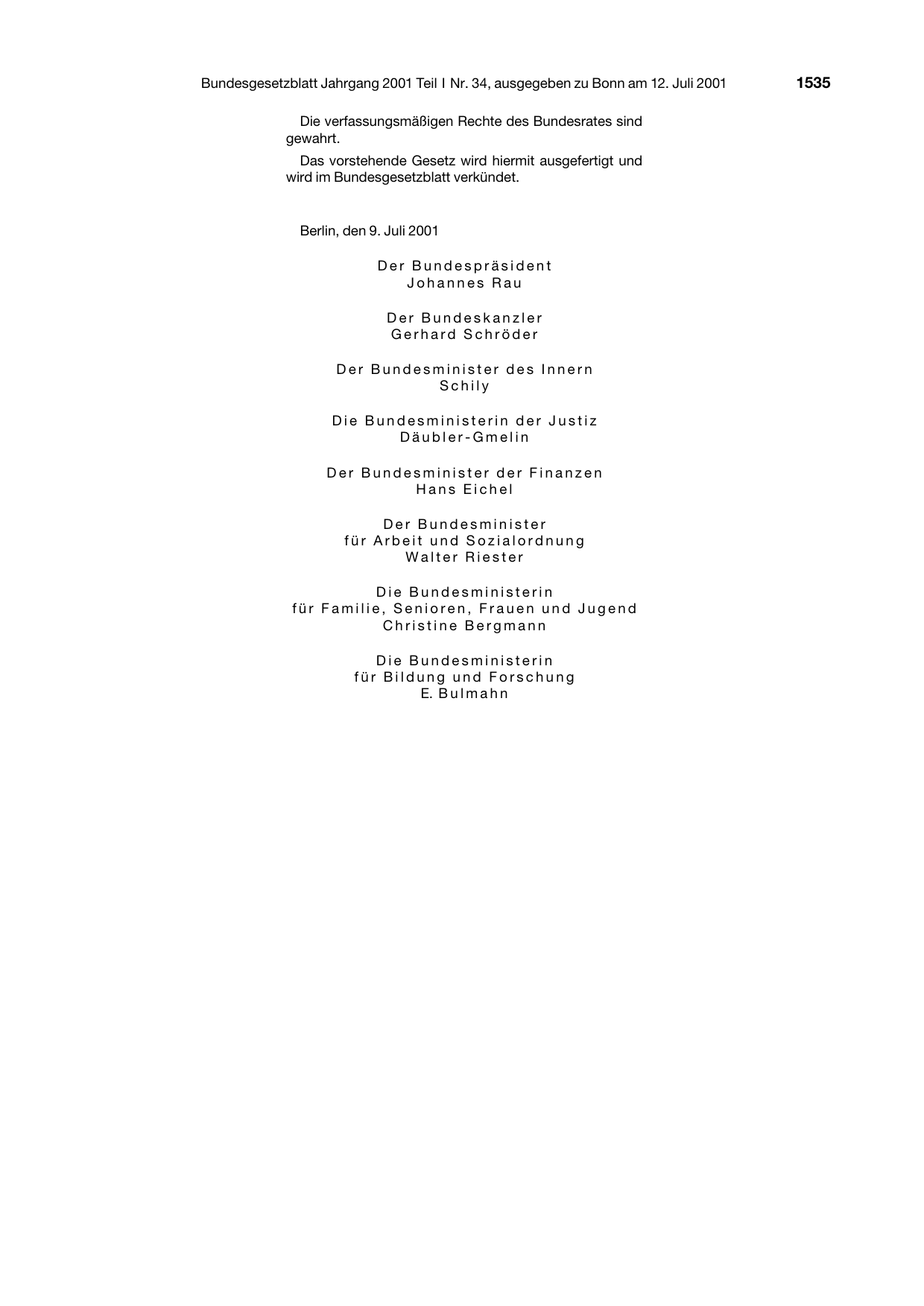 BGBl. 2001, Seite 1535 — Originalseite als Abbildung