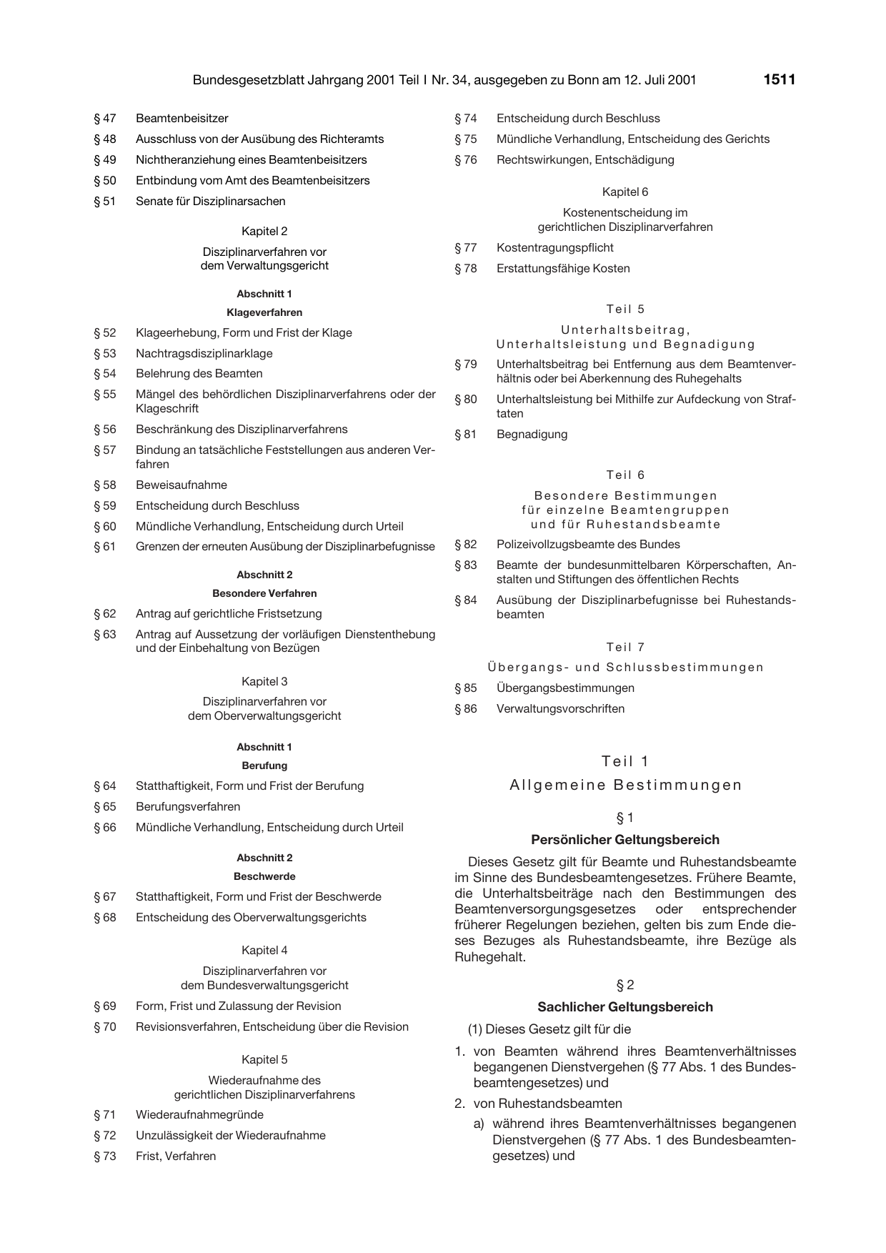 BGBl. 2001, Seite 1511 — Originalseite als Abbildung