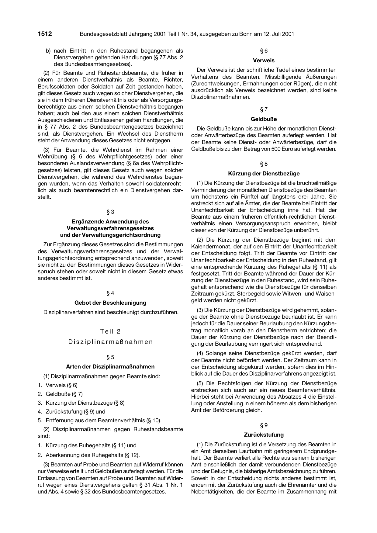 BGBl. 2001, Seite 1512 — Originalseite als Abbildung