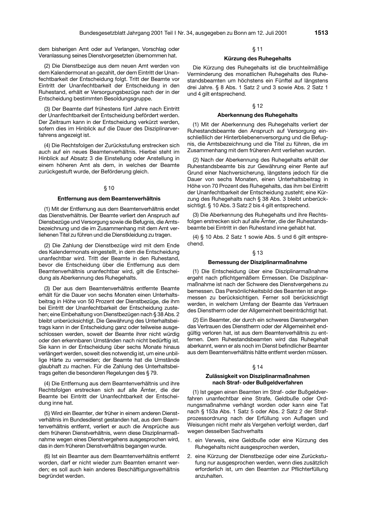 BGBl. 2001, Seite 1513 — Originalseite als Abbildung