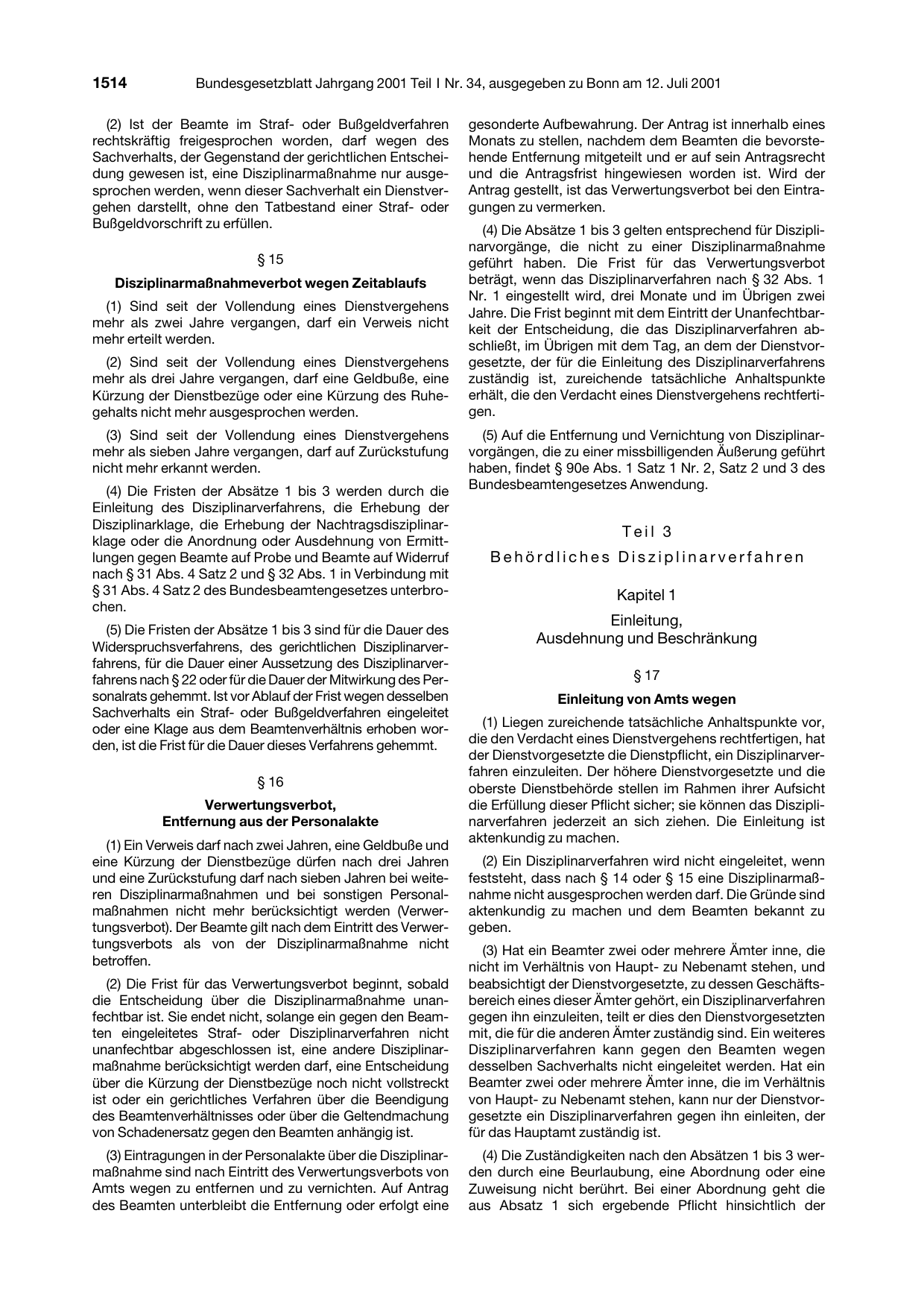 BGBl. 2001, Seite 1514 — Originalseite als Abbildung