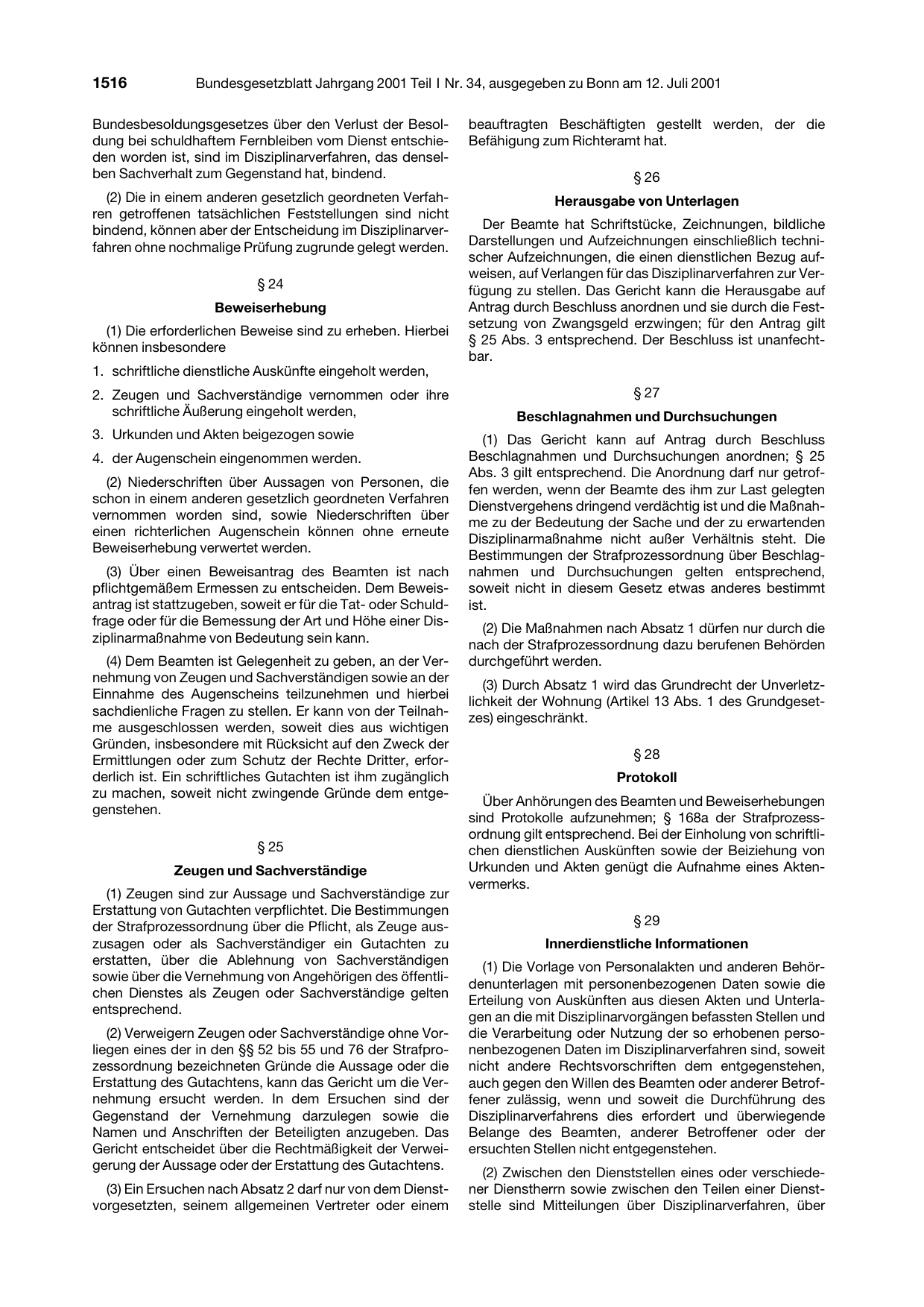 BGBl. 2001, Seite 1516 — Originalseite als Abbildung