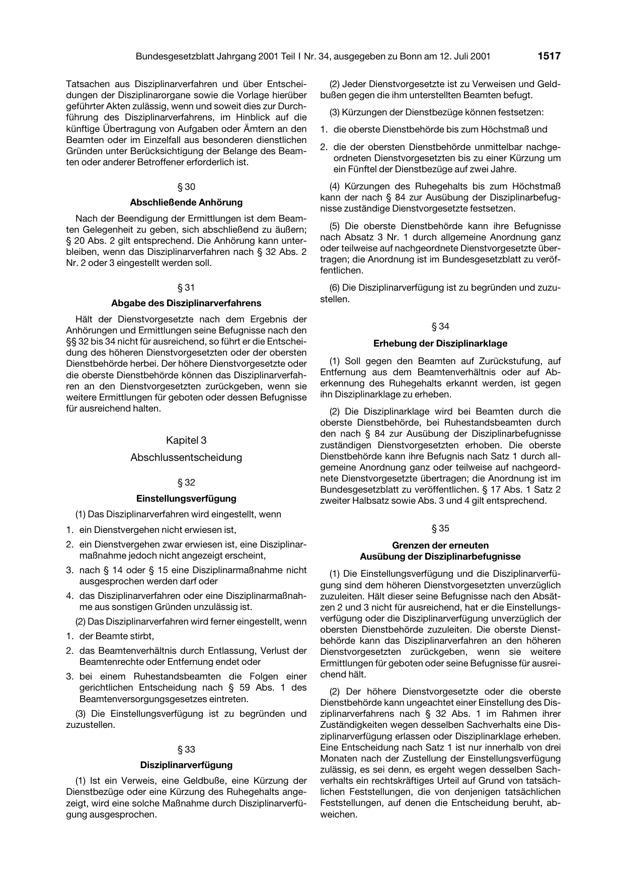 BGBl. 2001, Seite 1517 — Originalseite als Abbildung
