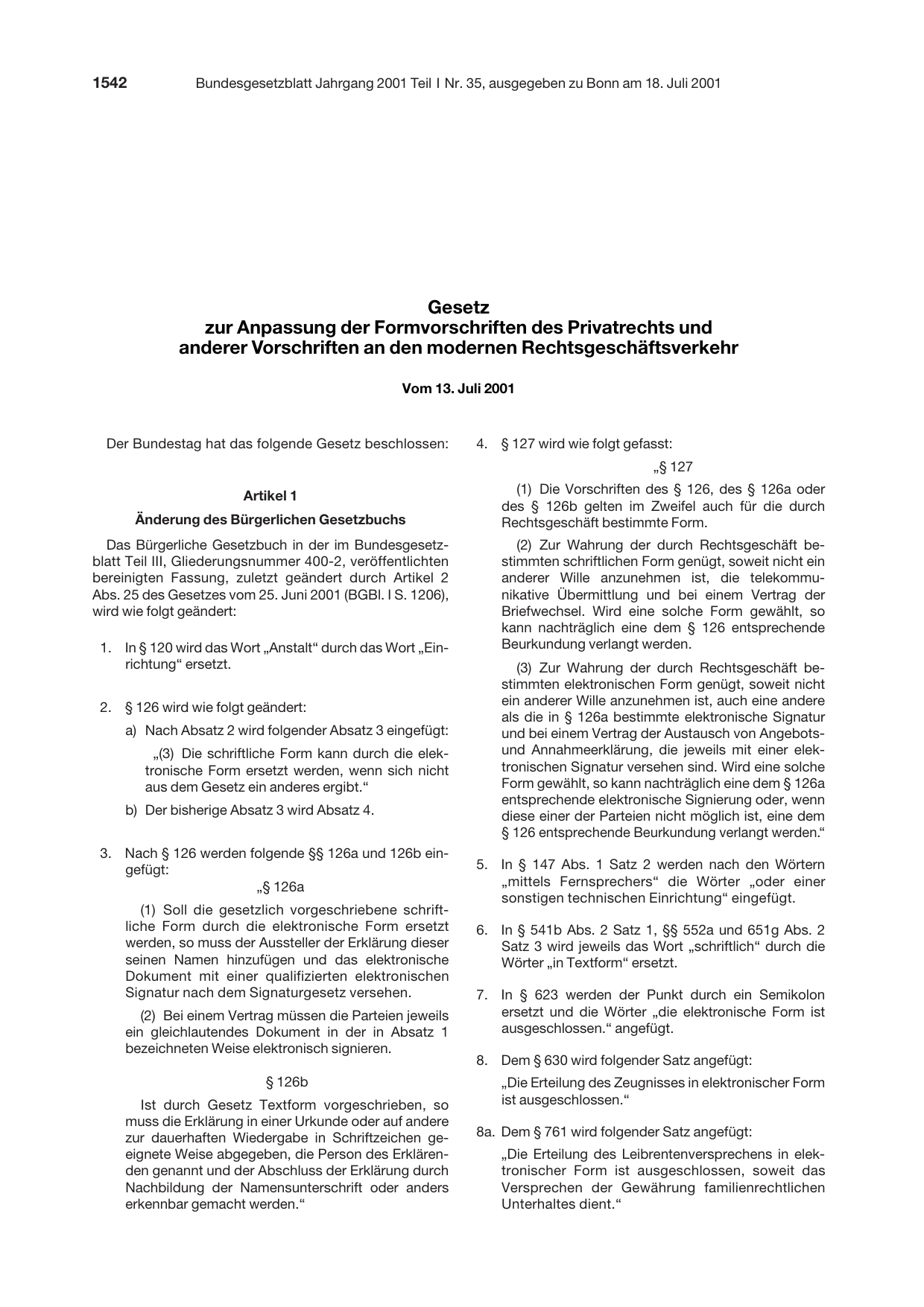 BGBl. 2001, Seite 1542 — Originalseite als Abbildung