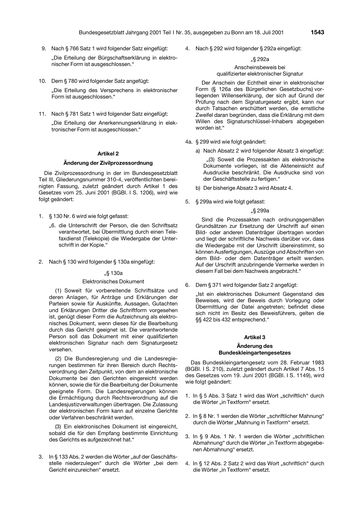 BGBl. 2001, Seite 1543 — Originalseite als Abbildung