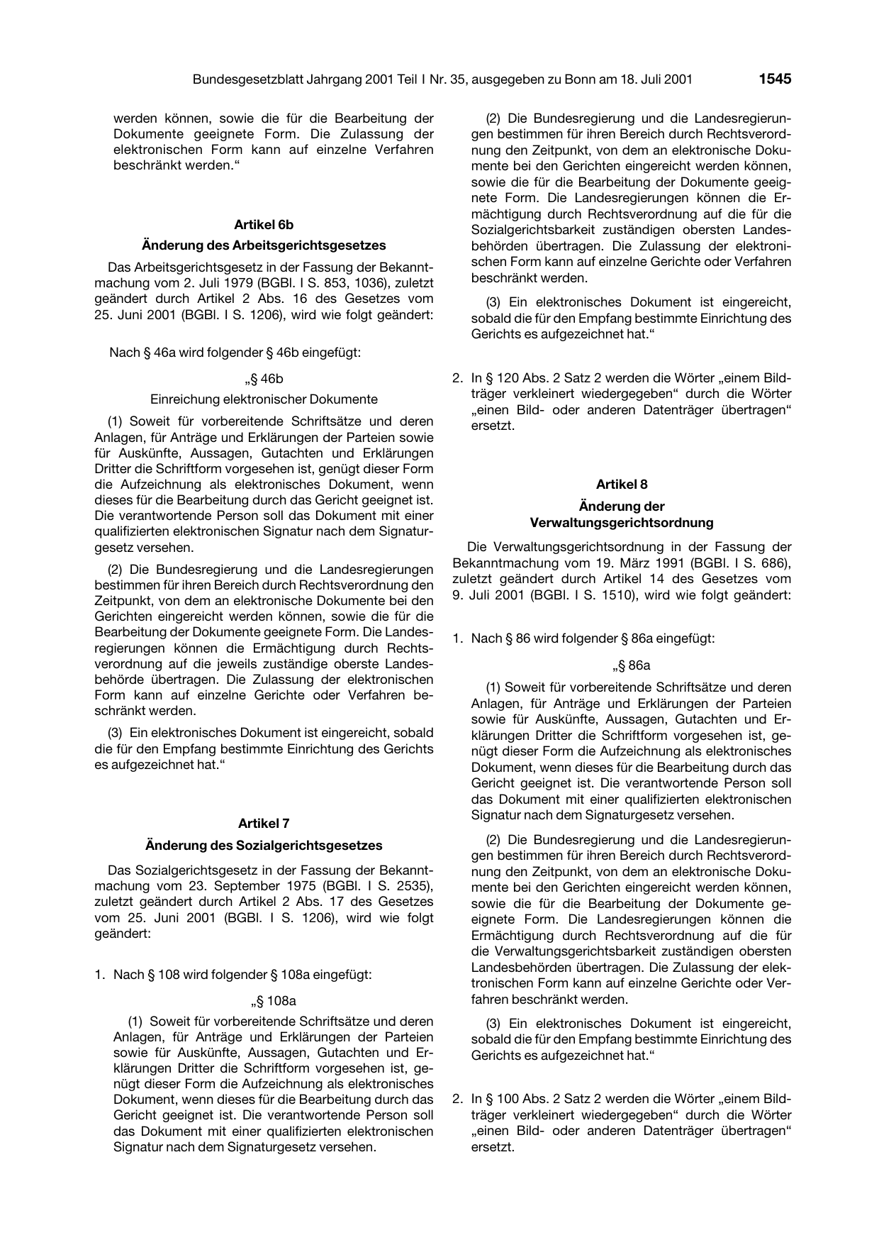 BGBl. 2001, Seite 1545 — Originalseite als Abbildung