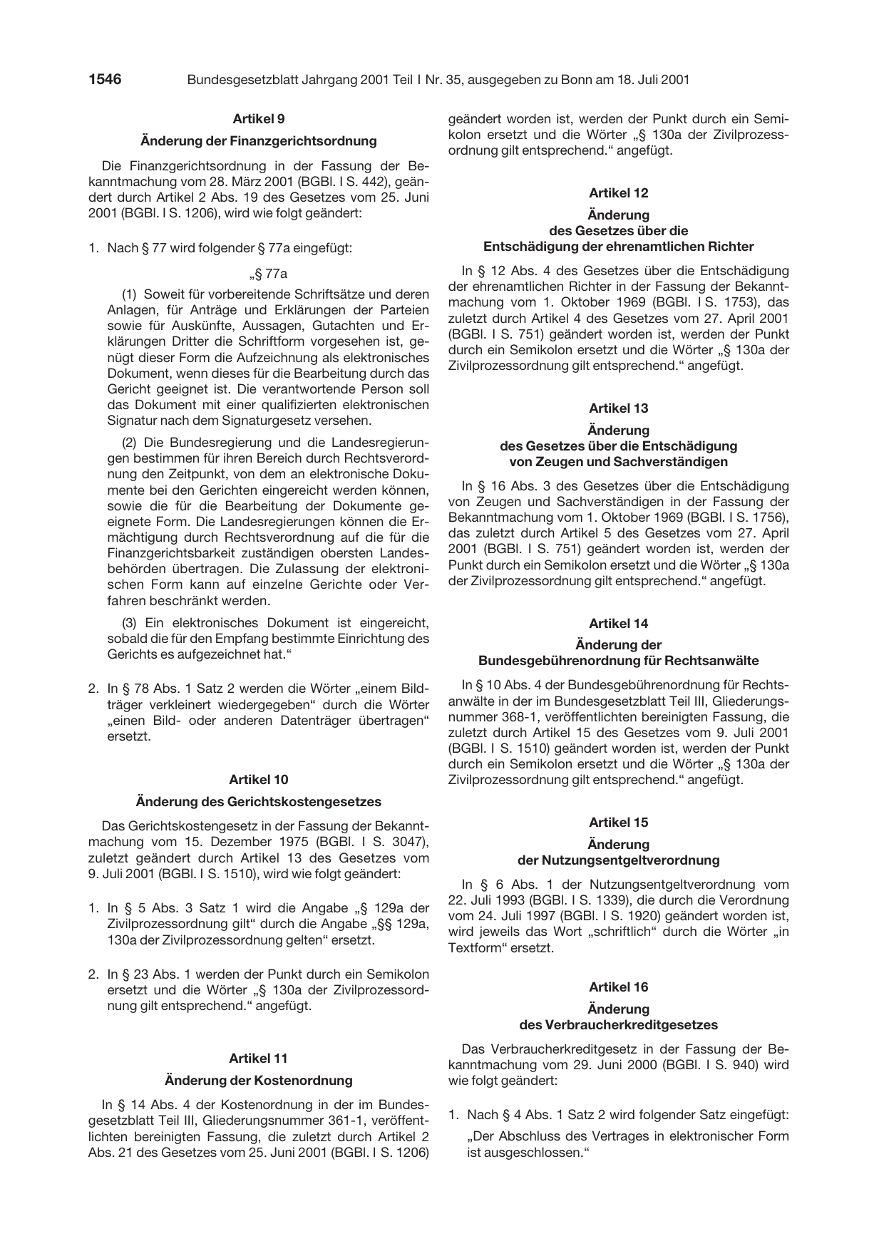 BGBl. 2001, Seite 1546 — Originalseite als Abbildung