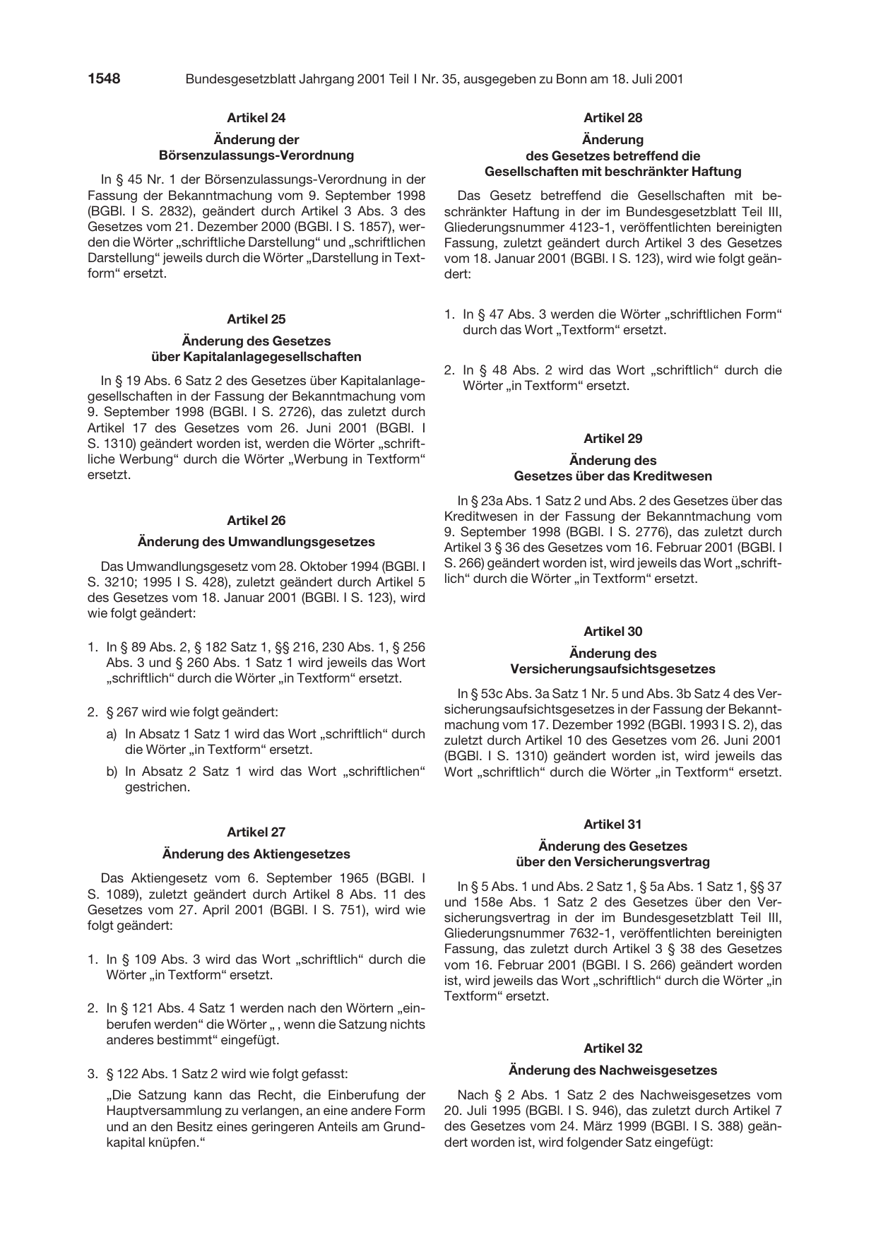 BGBl. 2001, Seite 1548 — Originalseite als Abbildung