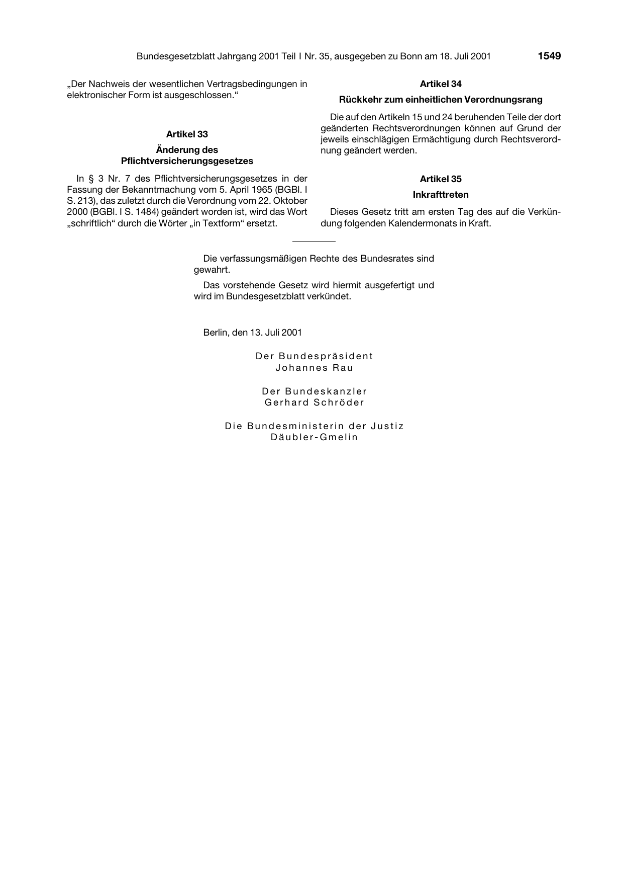 BGBl. 2001, Seite 1549 — Originalseite als Abbildung