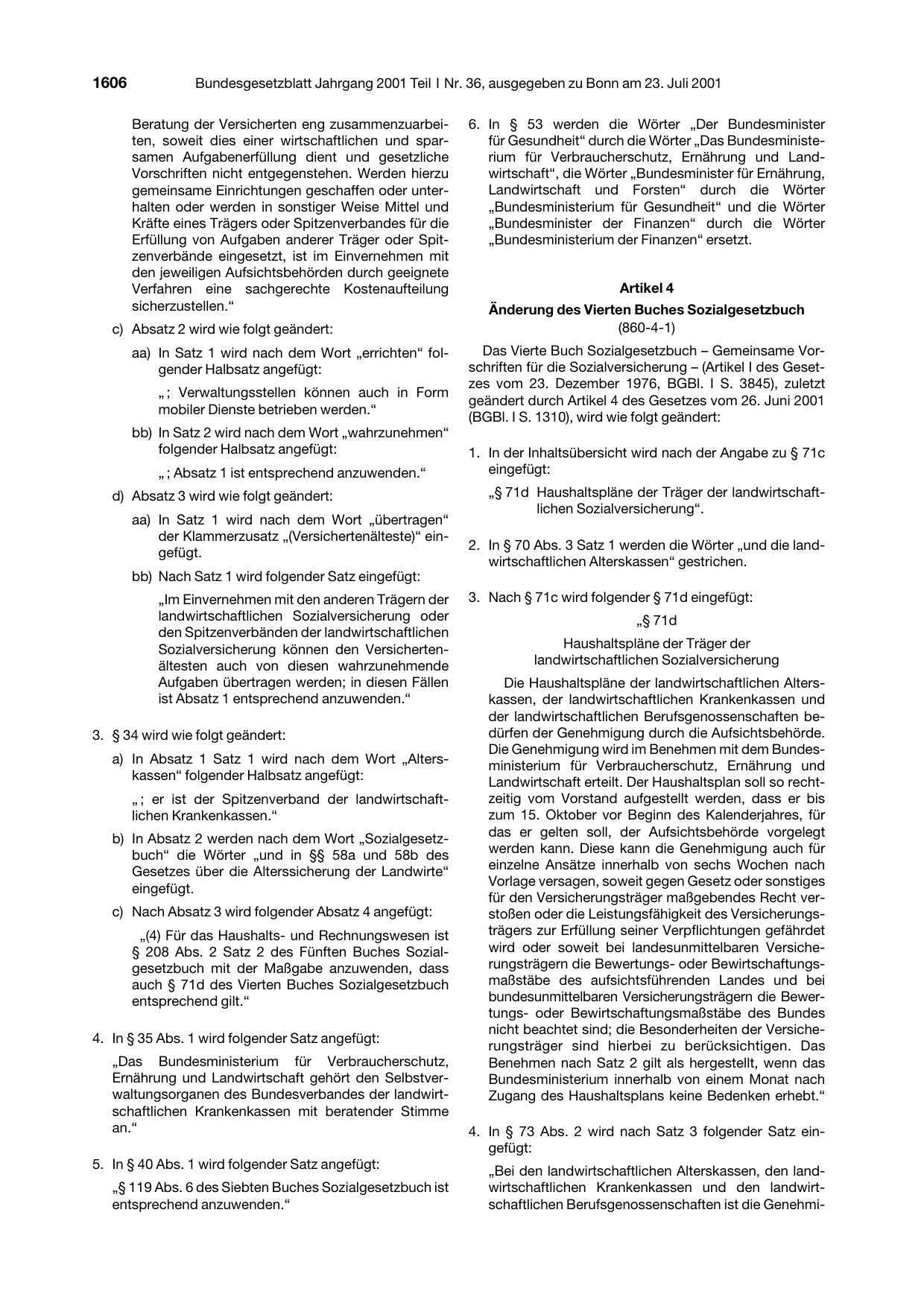BGBl. 2001, Seite 1606 — Originalseite als Abbildung