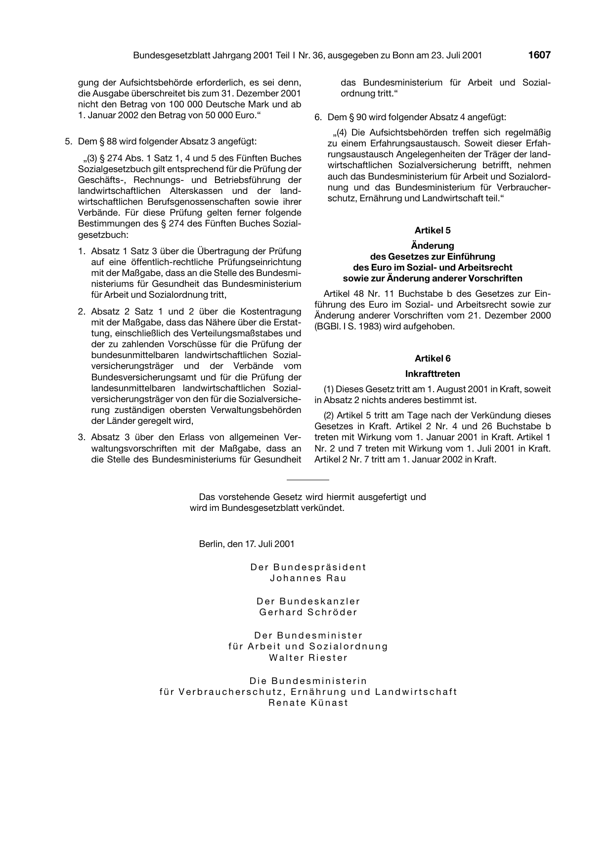 BGBl. 2001, Seite 1607 — Originalseite als Abbildung
