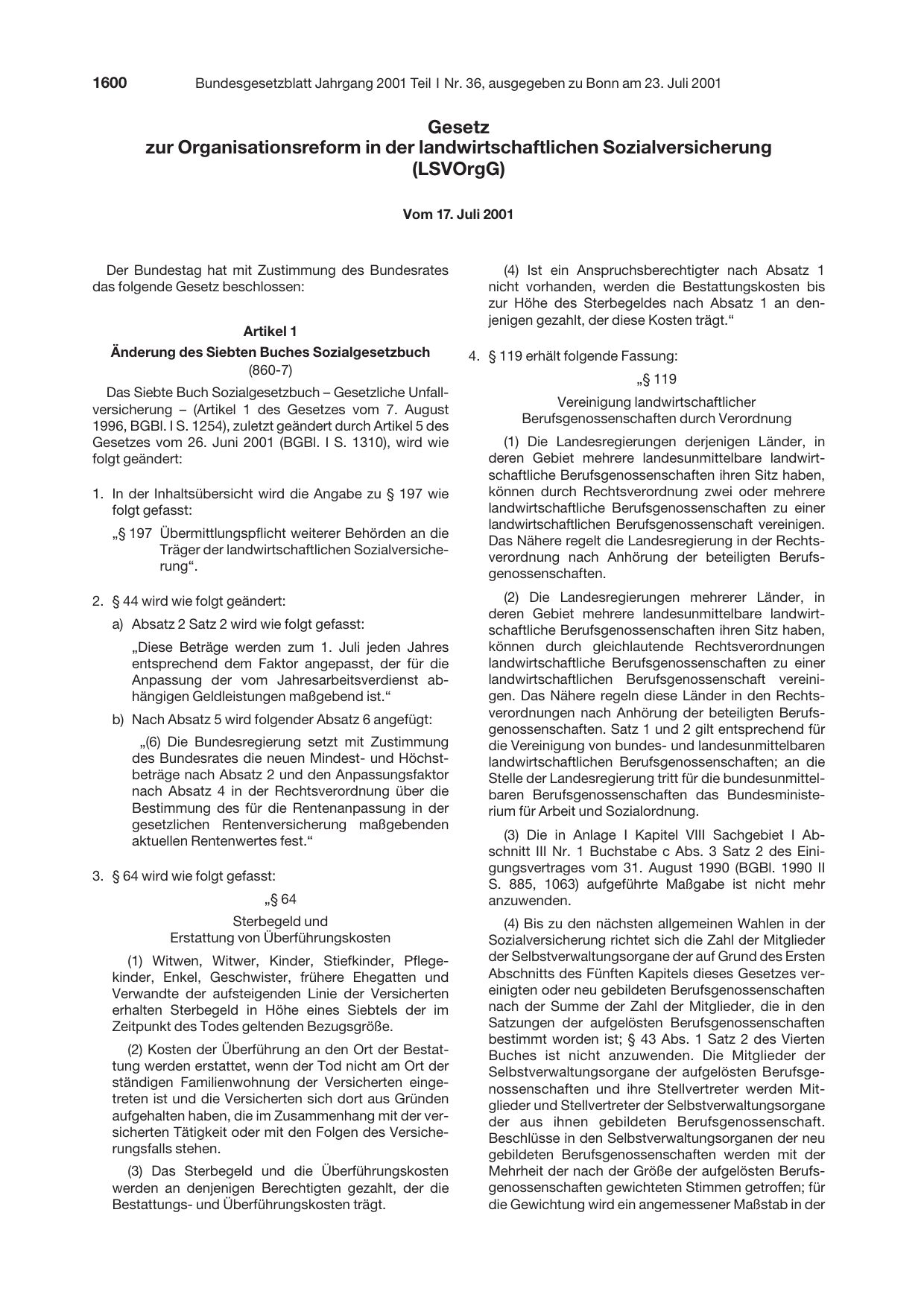 BGBl. 2001, Seite 1600 — Originalseite als Abbildung