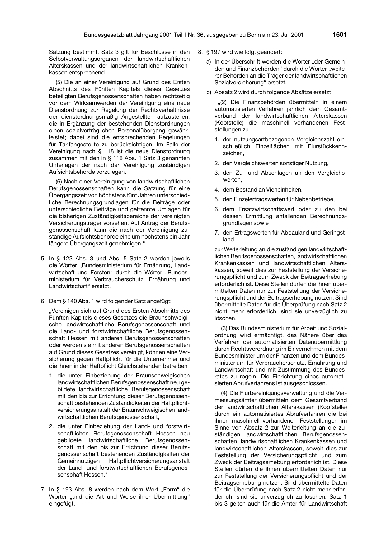 BGBl. 2001, Seite 1601 — Originalseite als Abbildung