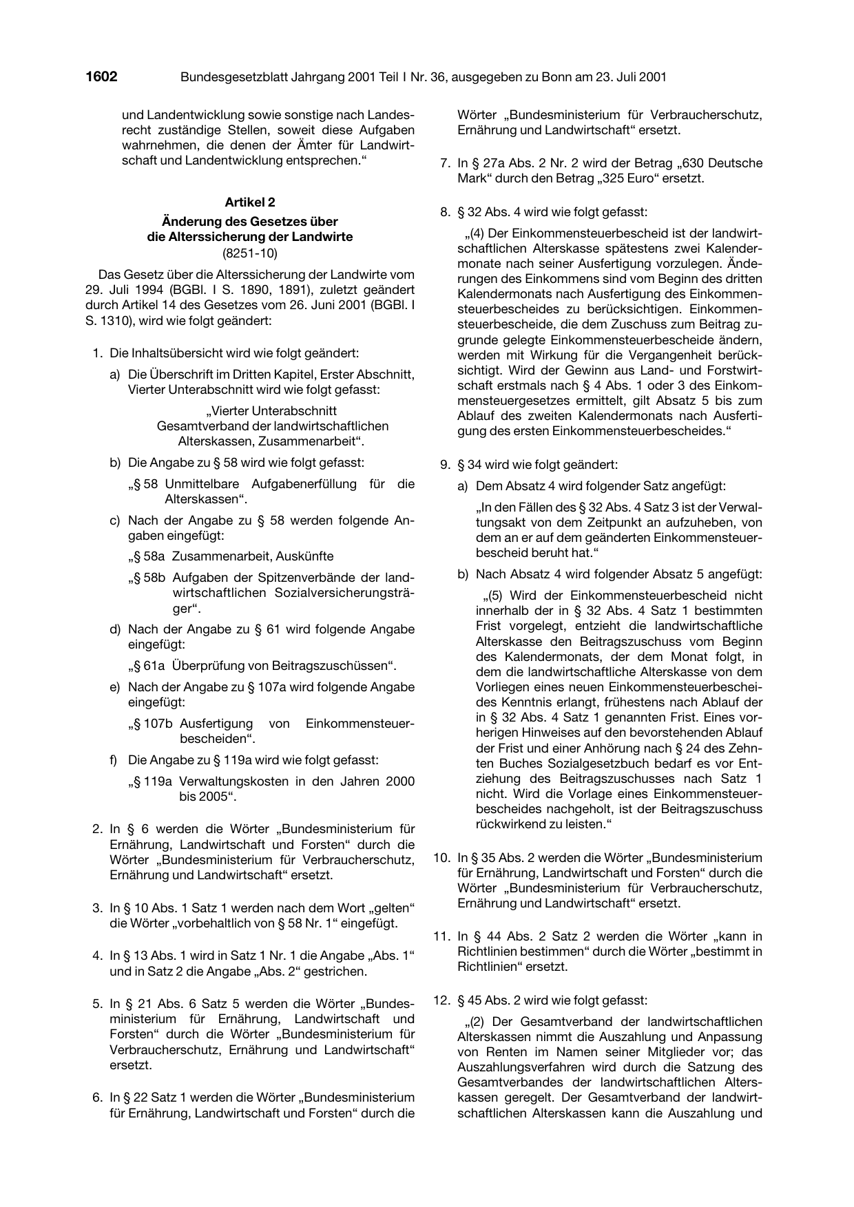 BGBl. 2001, Seite 1602 — Originalseite als Abbildung
