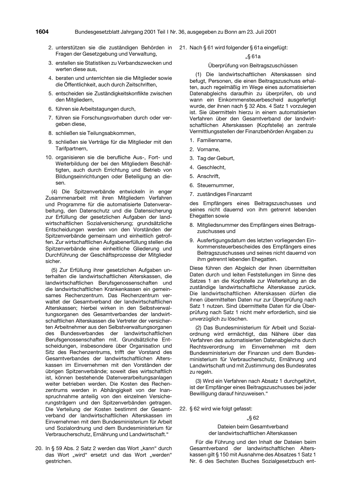 BGBl. 2001, Seite 1604 — Originalseite als Abbildung
