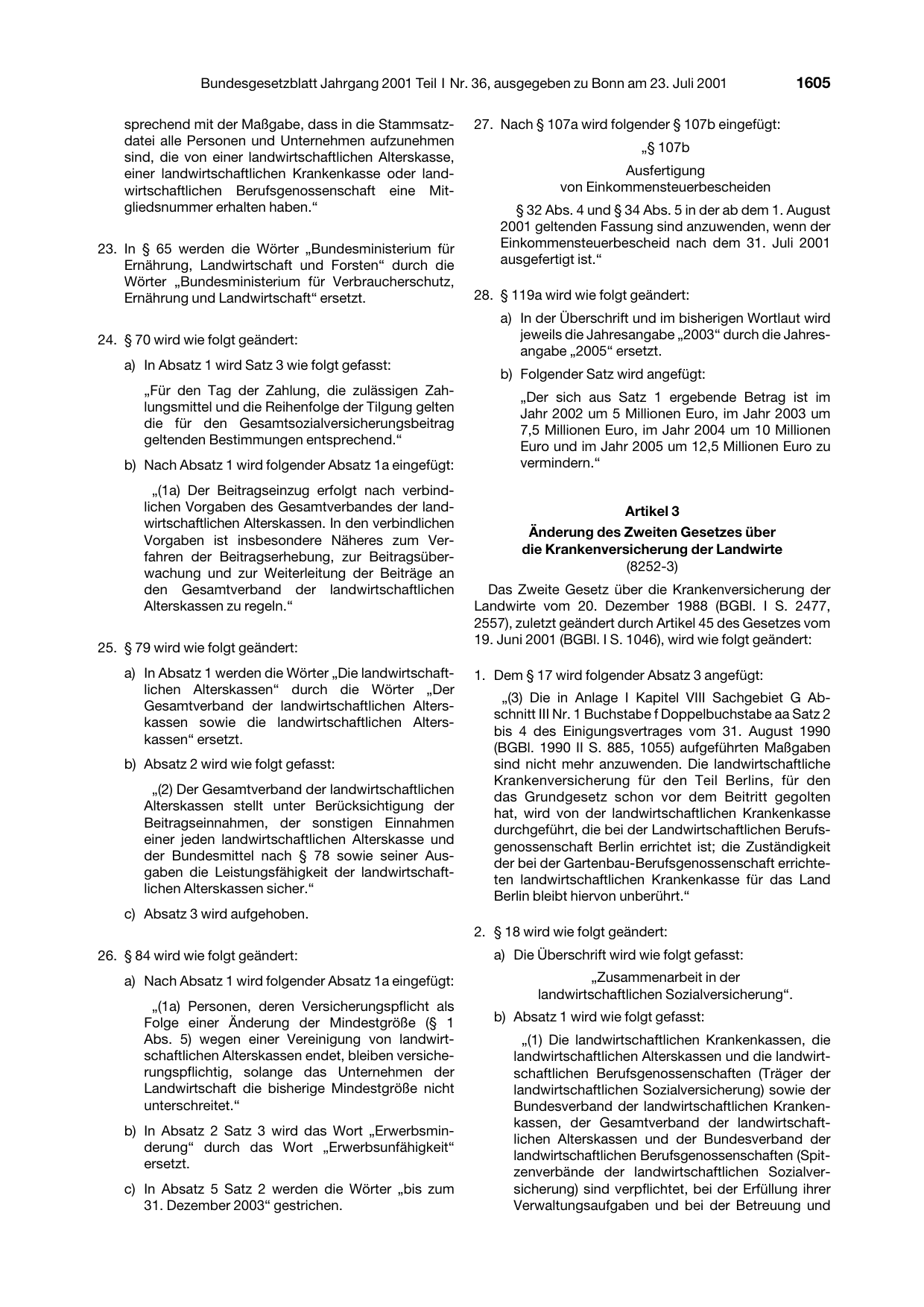 BGBl. 2001, Seite 1605 — Originalseite als Abbildung