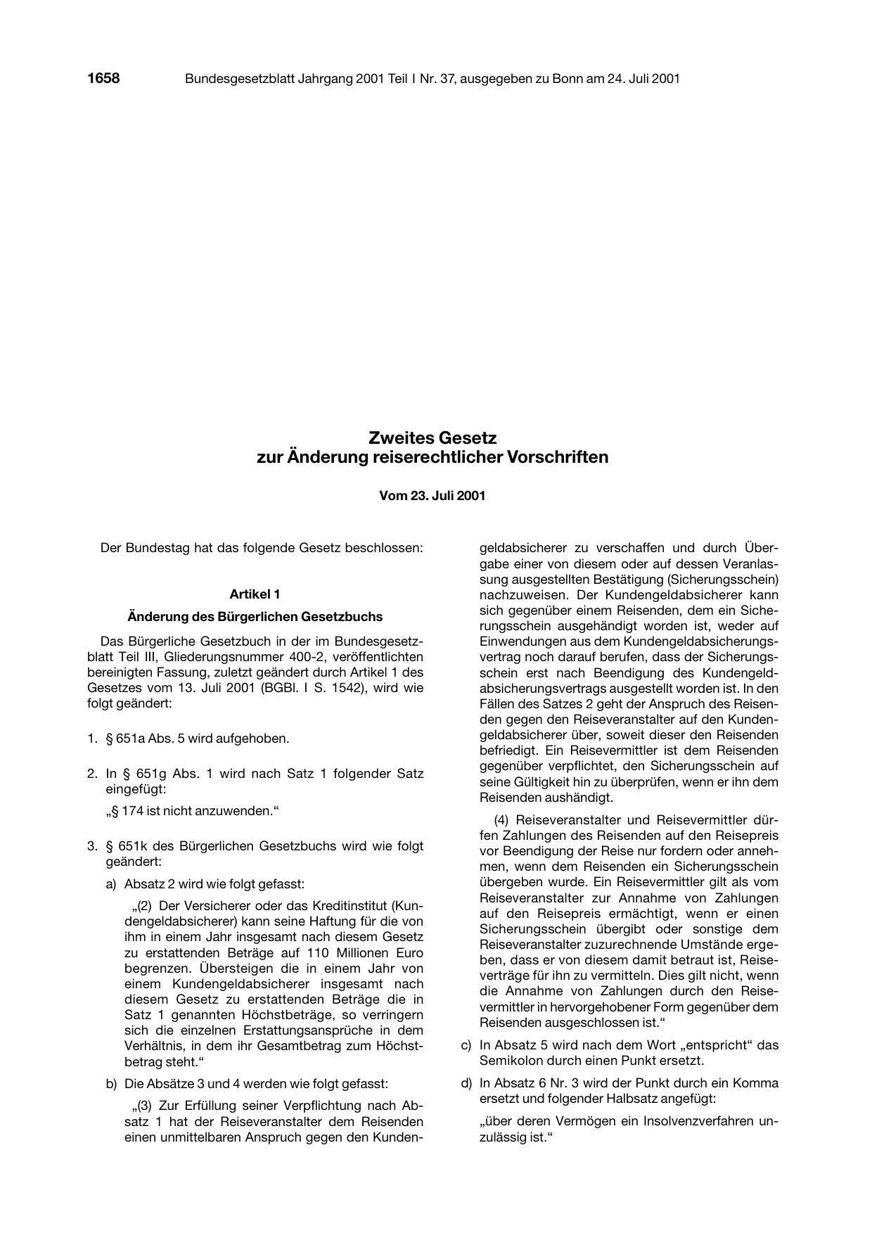 BGBl. 2001, Seite 1658 — Originalseite als Abbildung