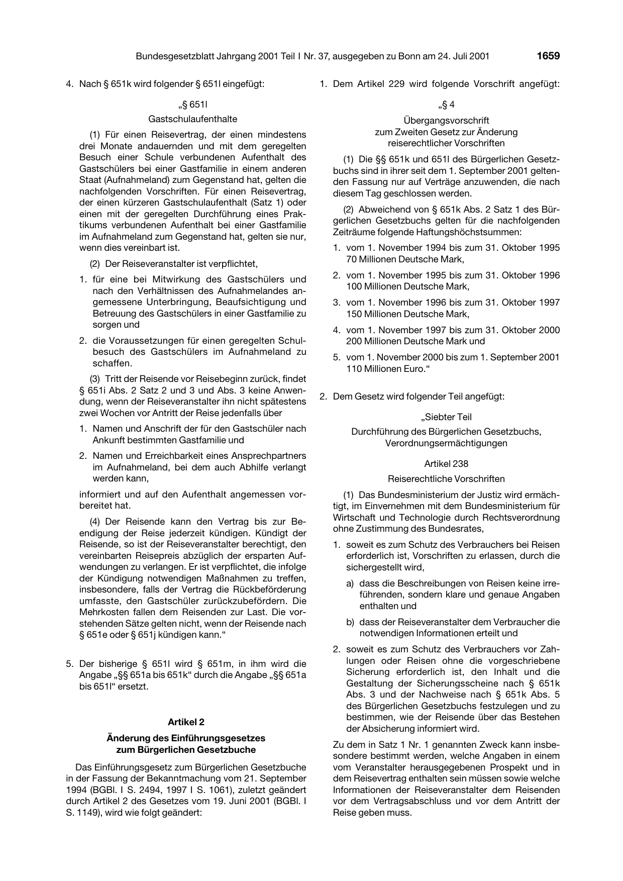 BGBl. 2001, Seite 1659 — Originalseite als Abbildung