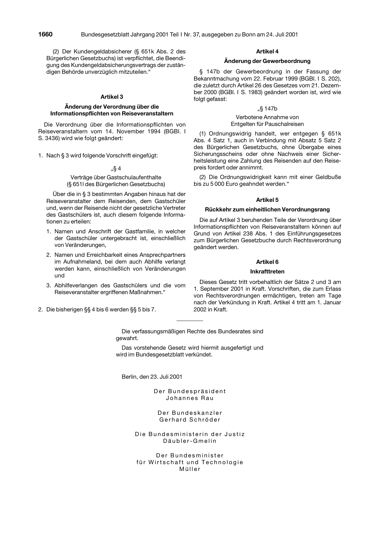BGBl. 2001, Seite 1660 — Originalseite als Abbildung
