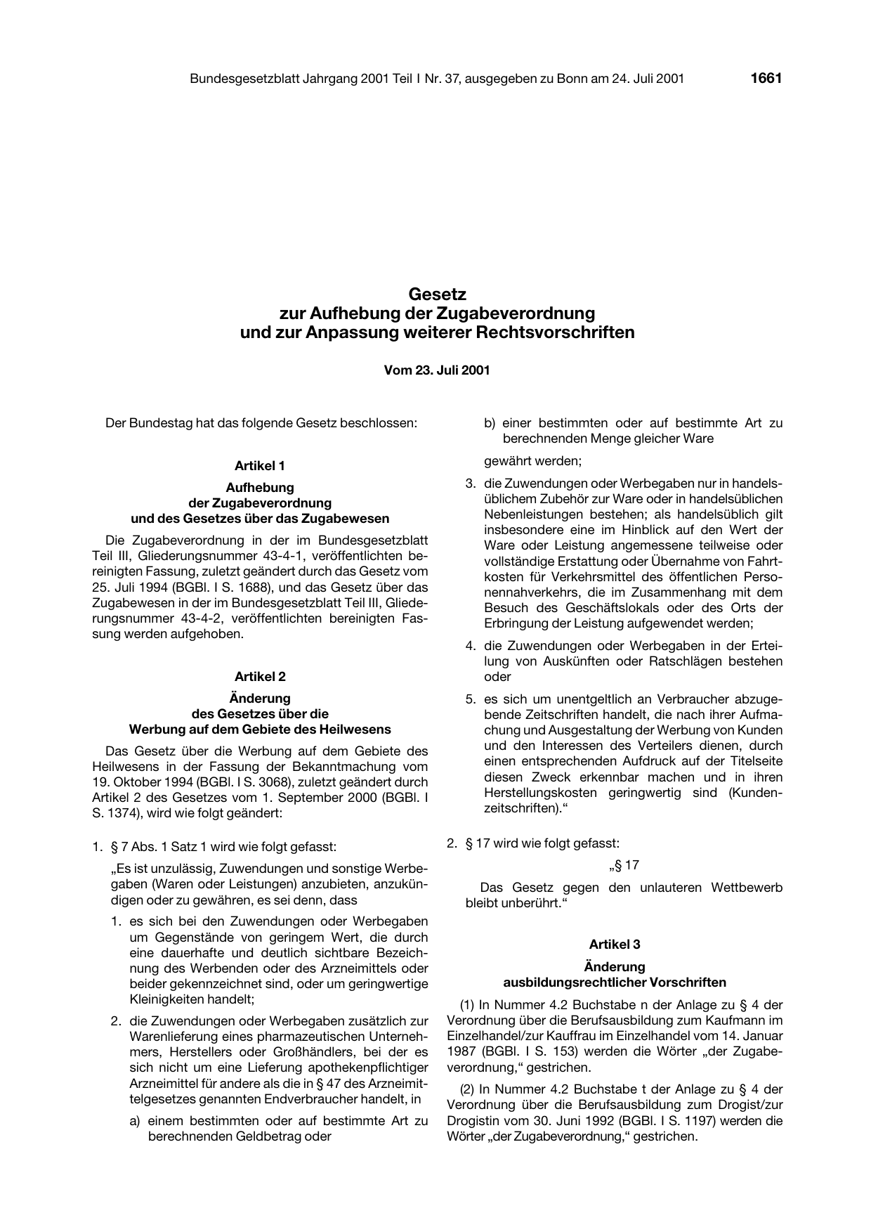 BGBl. 2001, Seite 1661 — Originalseite als Abbildung