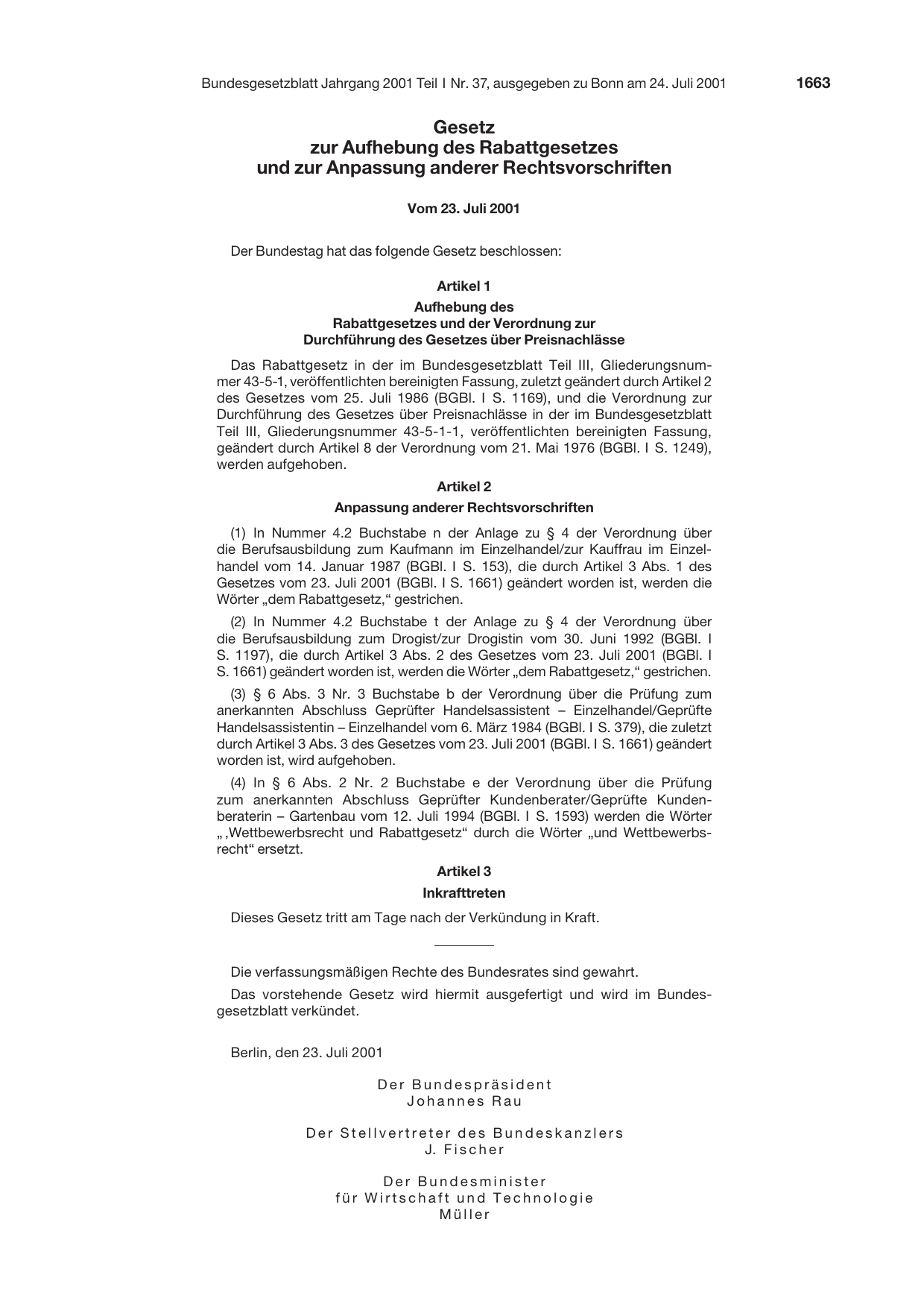 BGBl. 2001, Seite 1663 — Originalseite als Abbildung