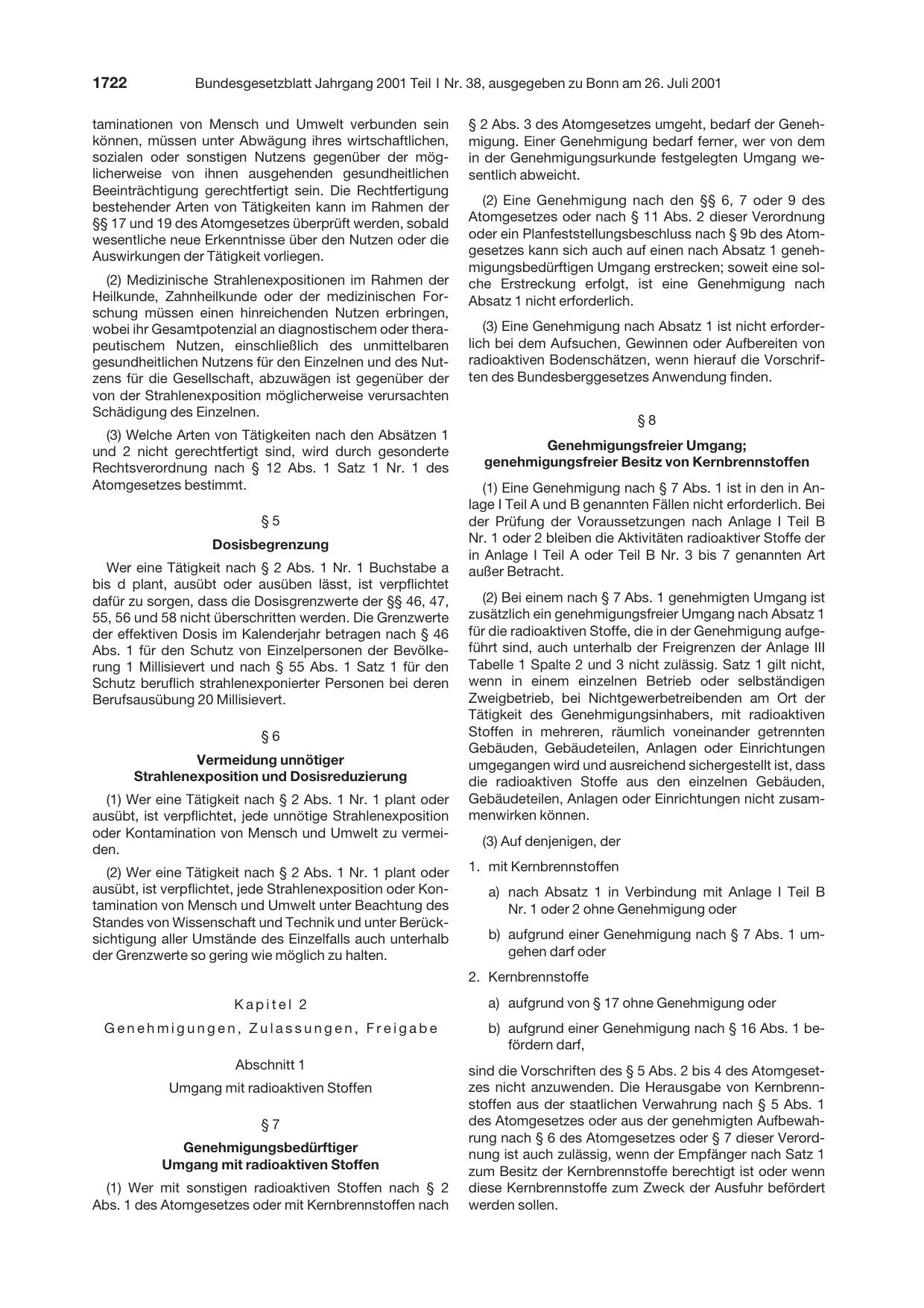 BGBl. 2001, Seite 1722 — Originalseite als Abbildung