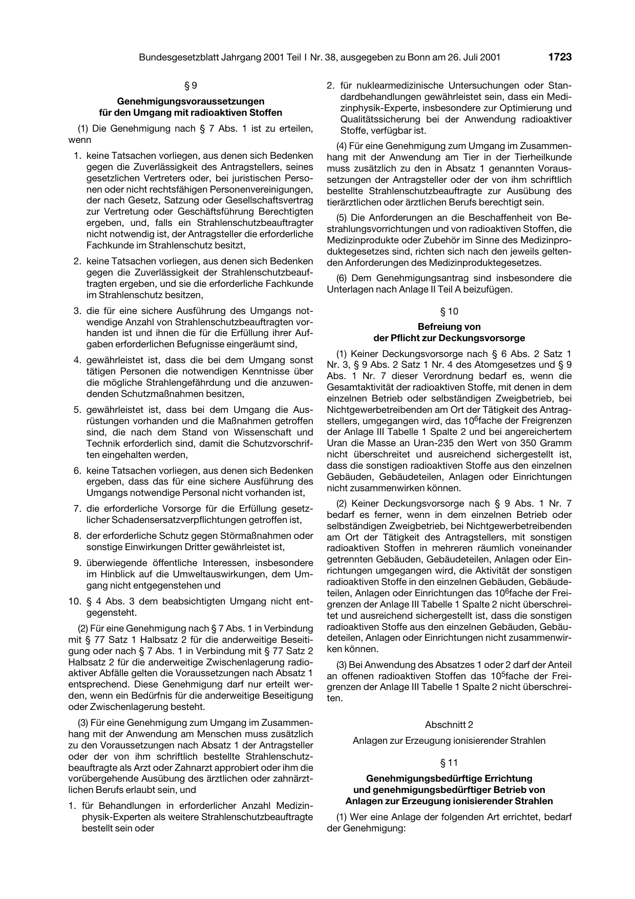 BGBl. 2001, Seite 1723 — Originalseite als Abbildung