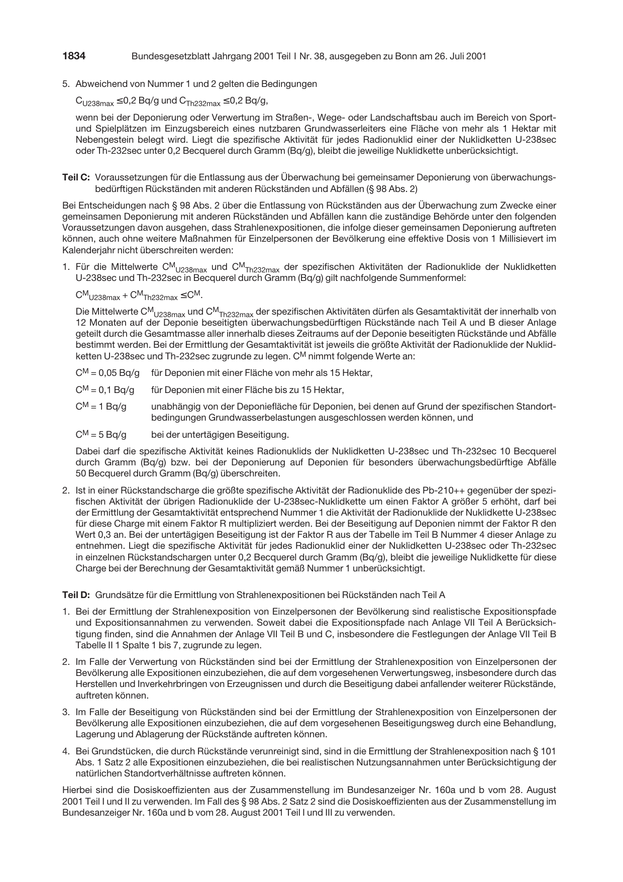 BGBl. 2001, Seite 1834 — Originalseite als Abbildung