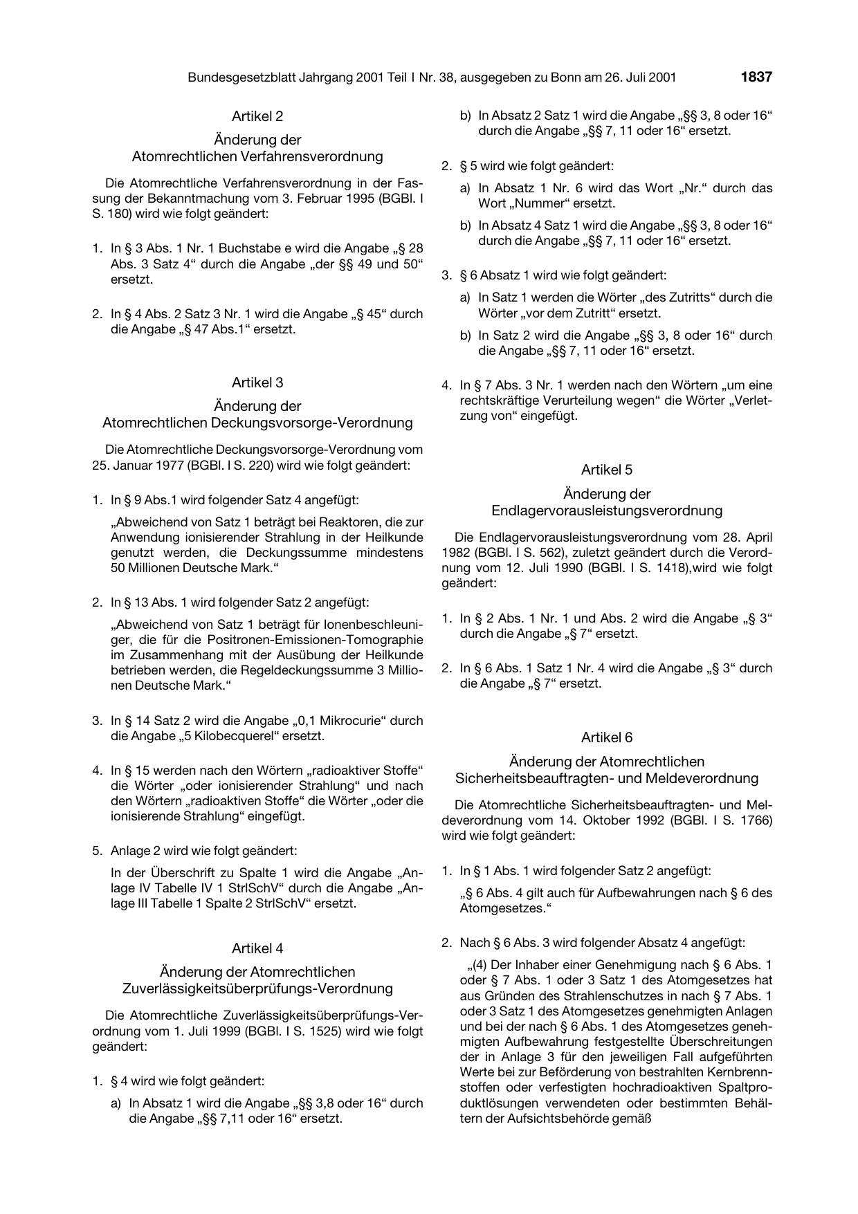 BGBl. 2001, Seite 1837 — Originalseite als Abbildung