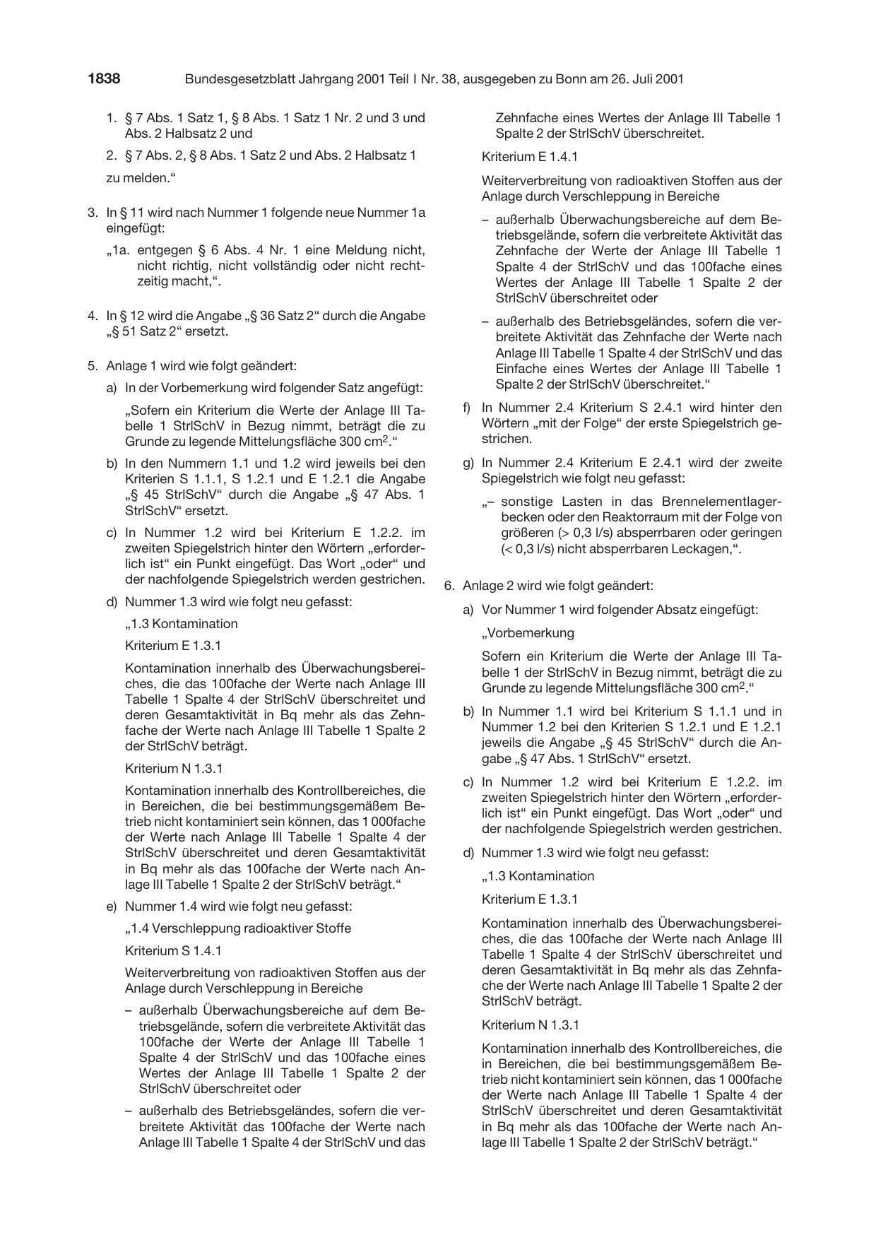 BGBl. 2001, Seite 1838 — Originalseite als Abbildung
