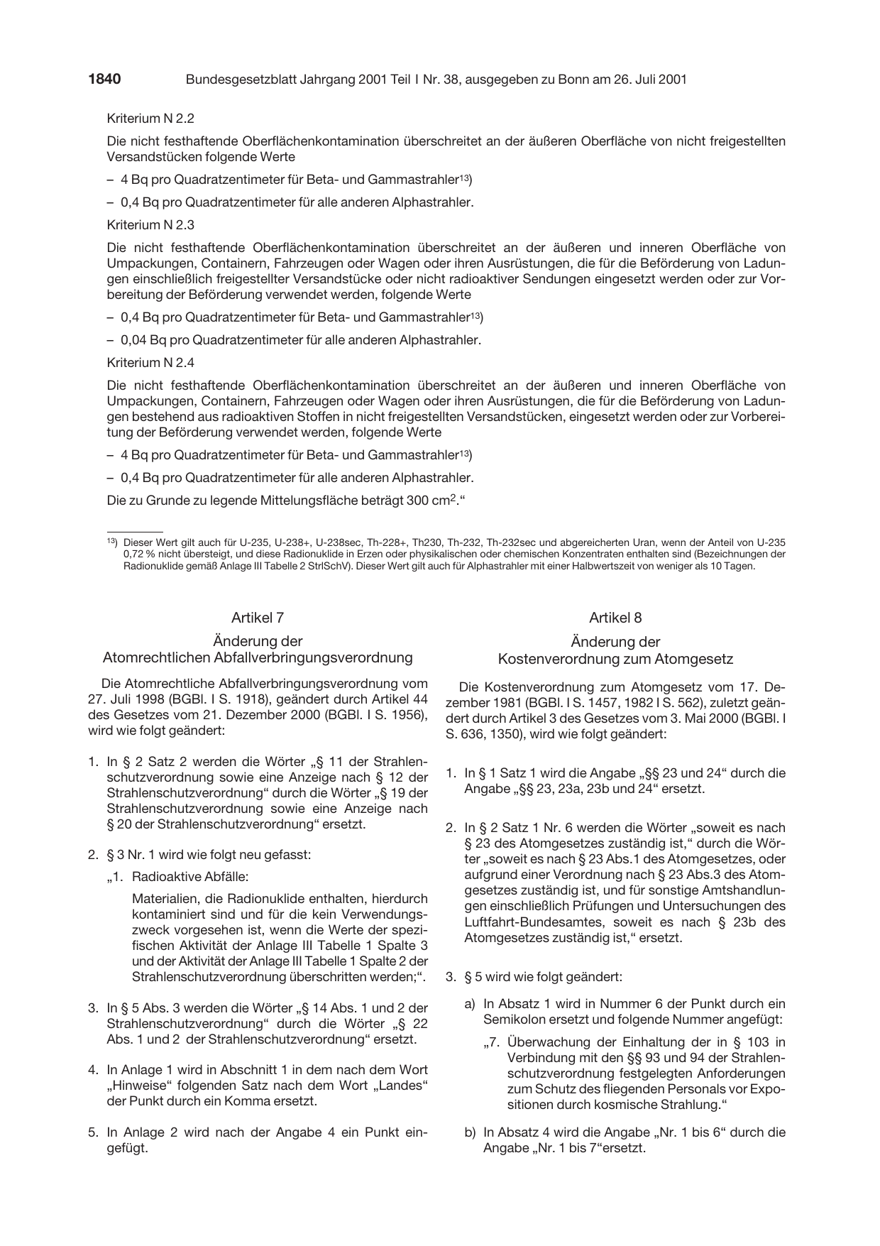 BGBl. 2001, Seite 1840 — Originalseite als Abbildung