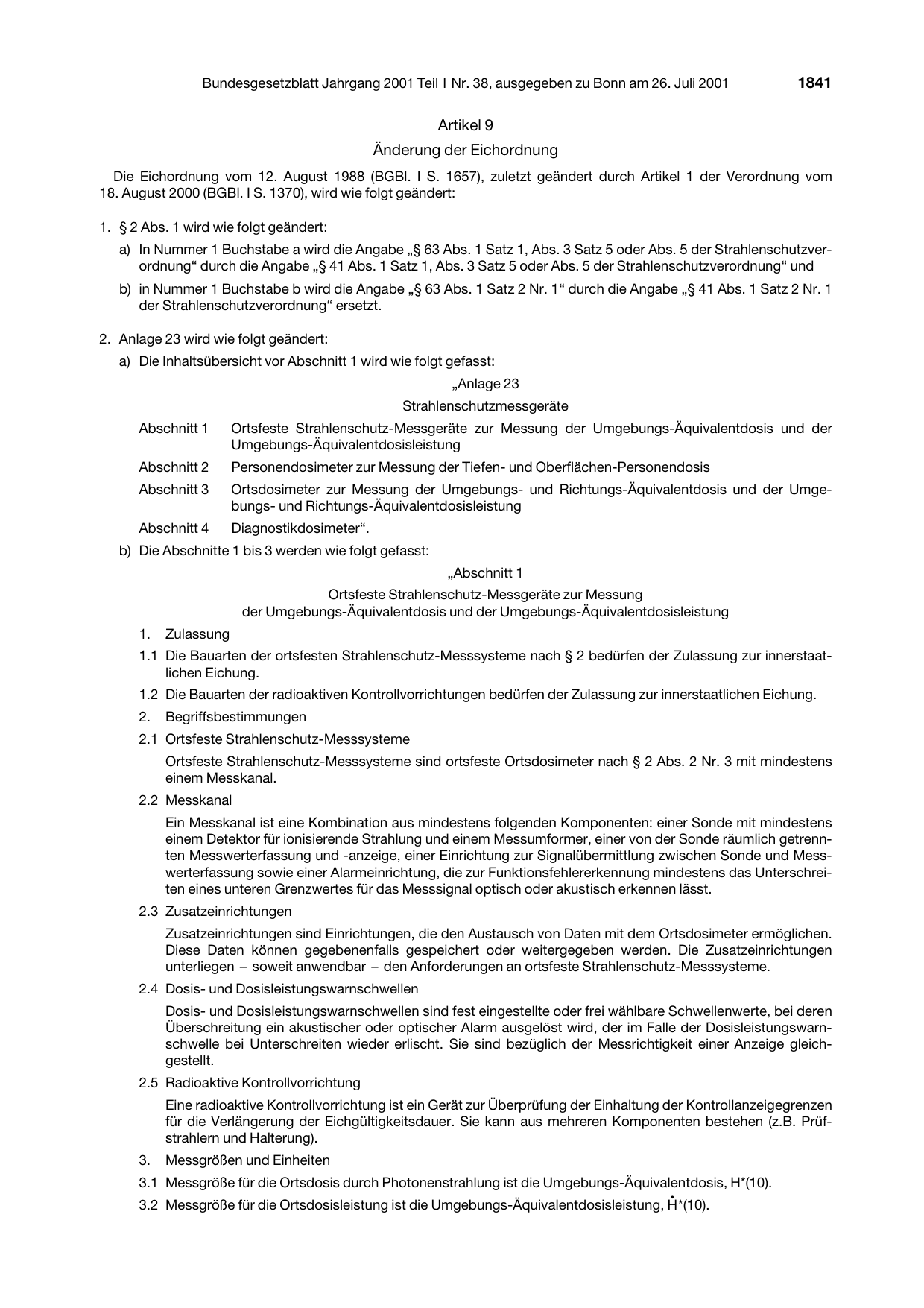 BGBl. 2001, Seite 1841 — Originalseite als Abbildung