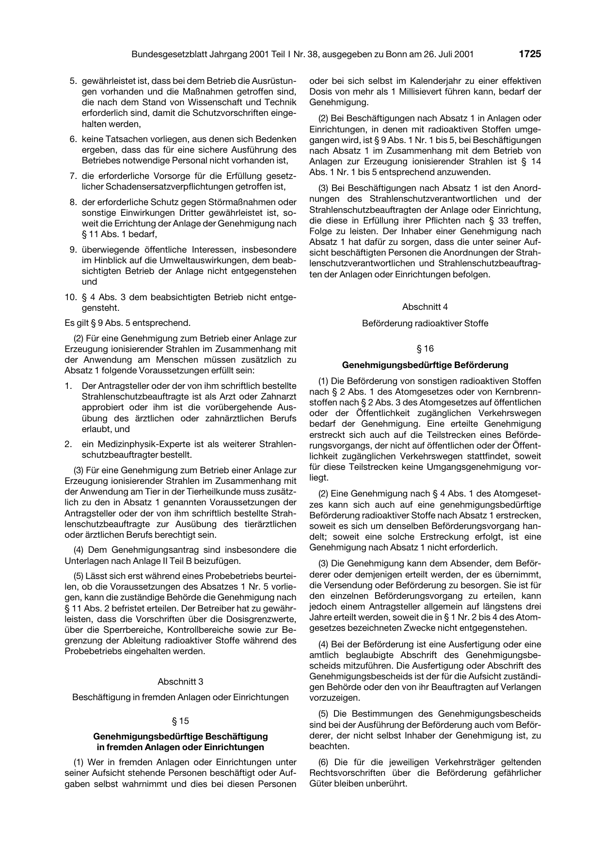 BGBl. 2001, Seite 1725 — Originalseite als Abbildung