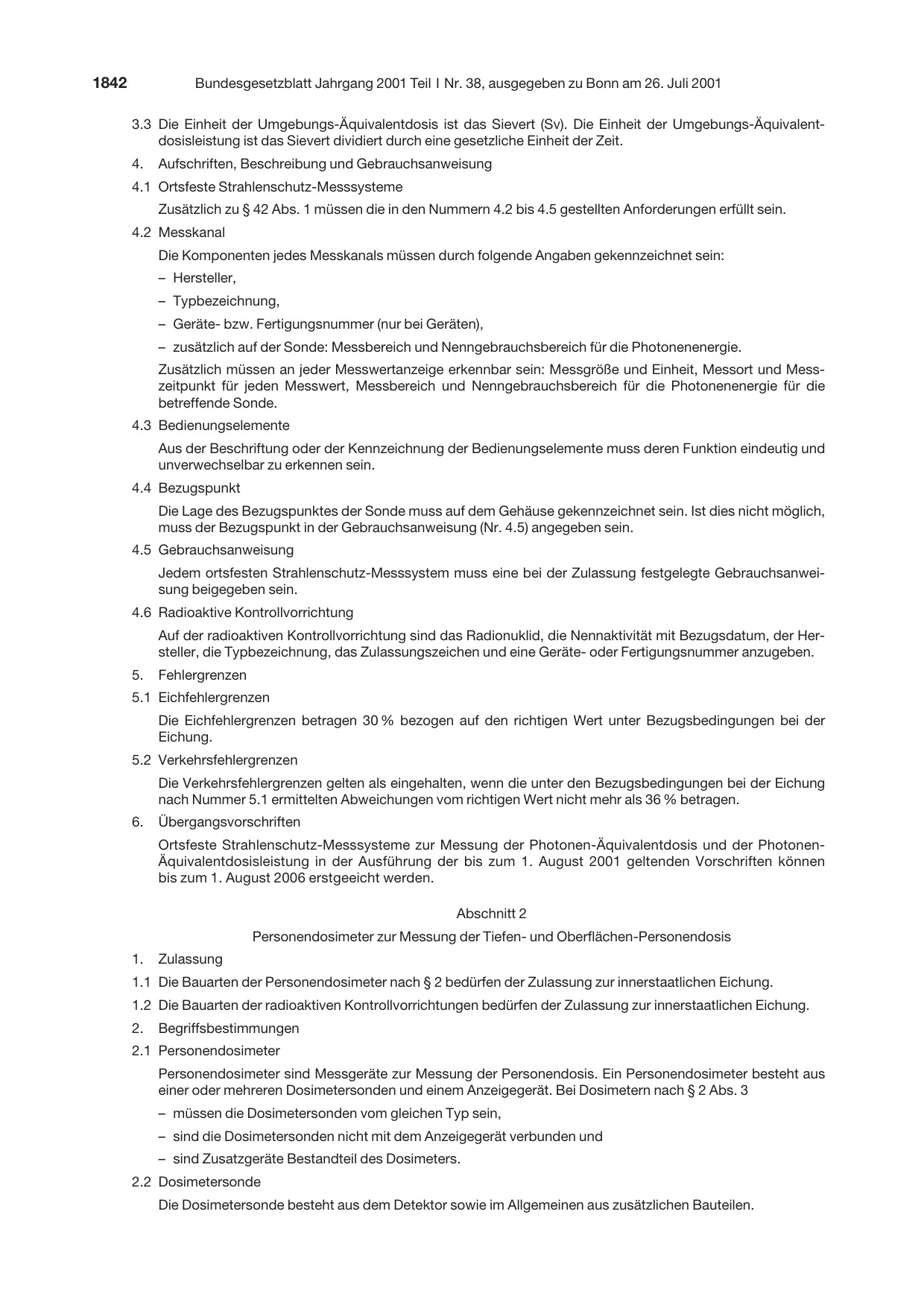 BGBl. 2001, Seite 1842 — Originalseite als Abbildung