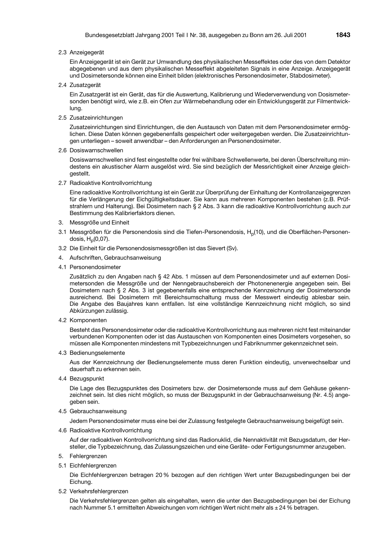 BGBl. 2001, Seite 1843 — Originalseite als Abbildung