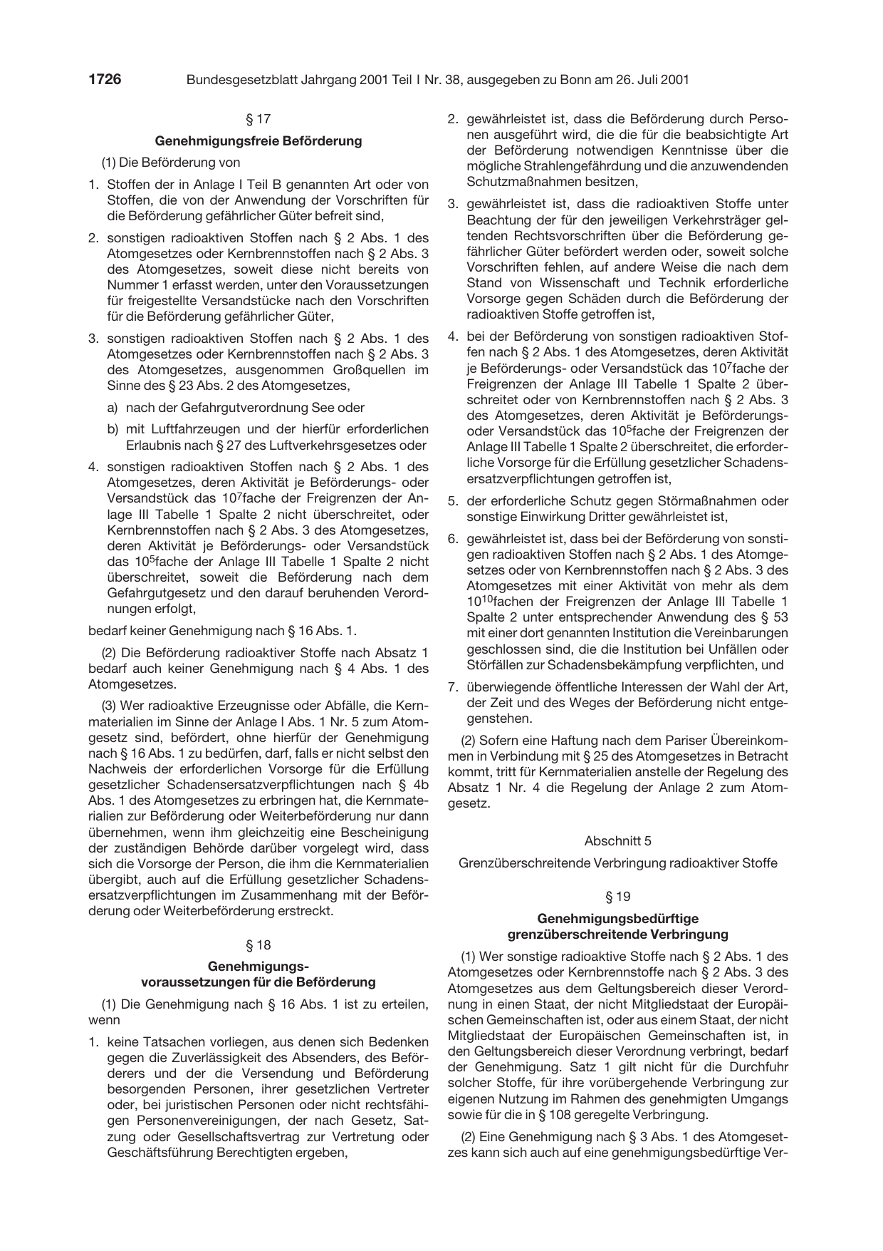 BGBl. 2001, Seite 1726 — Originalseite als Abbildung