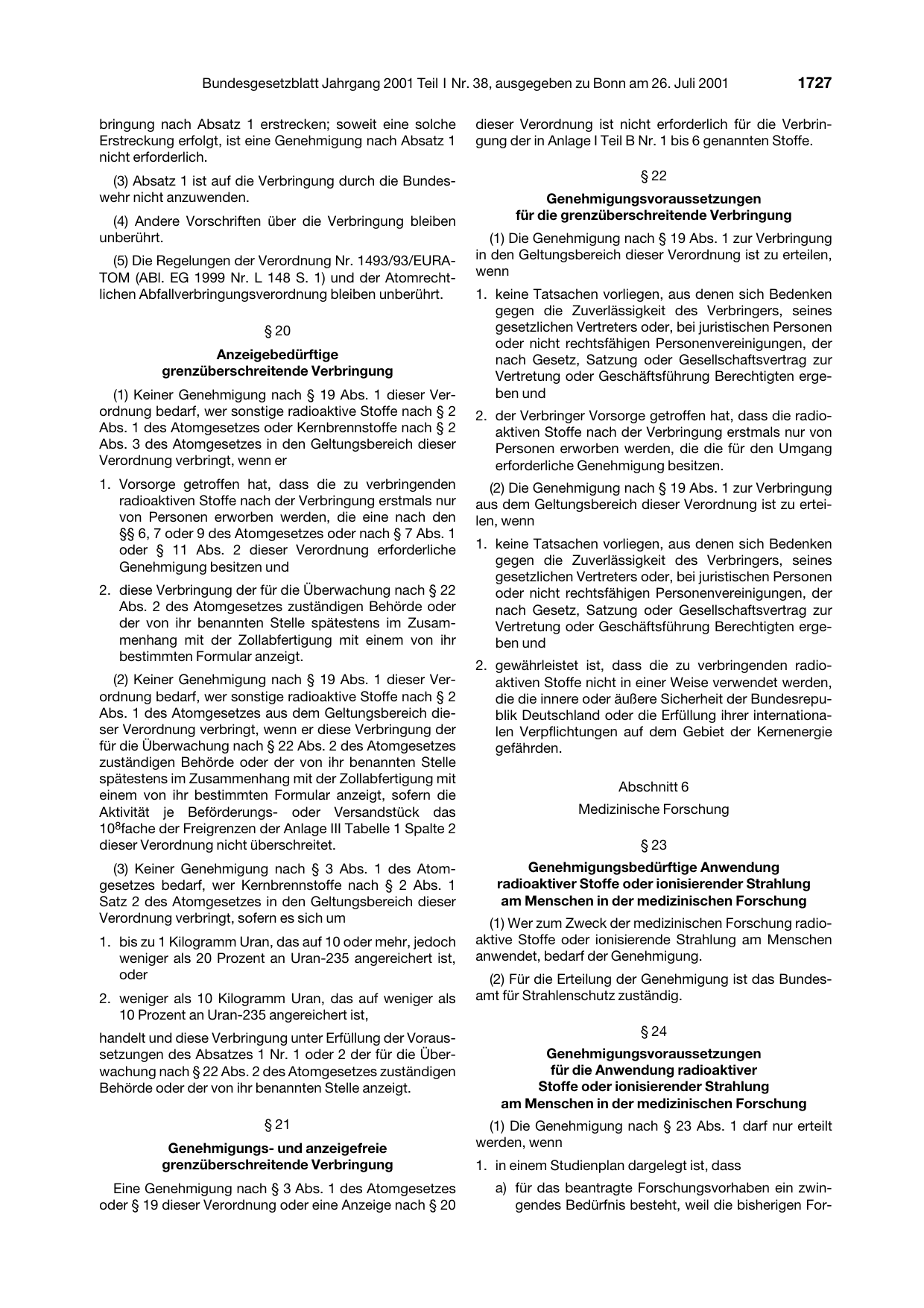 BGBl. 2001, Seite 1727 — Originalseite als Abbildung