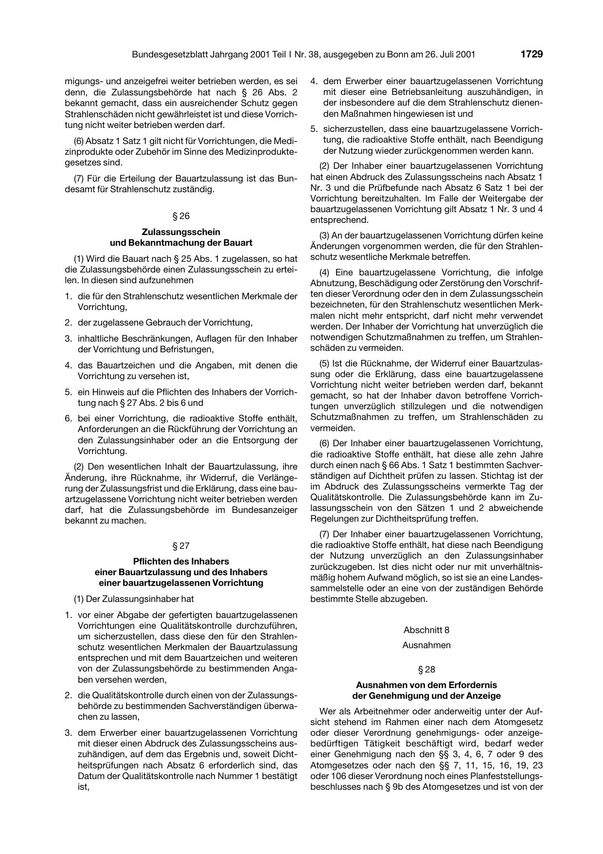 BGBl. 2001, Seite 1729 — Originalseite als Abbildung