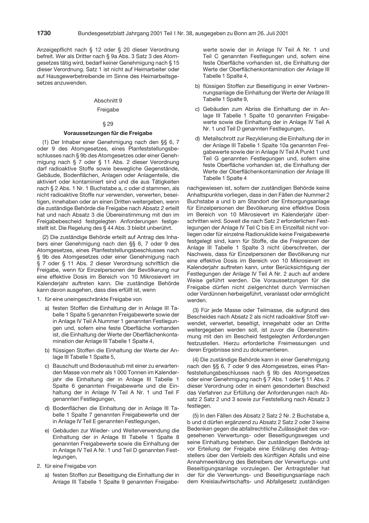 BGBl. 2001, Seite 1730 — Originalseite als Abbildung