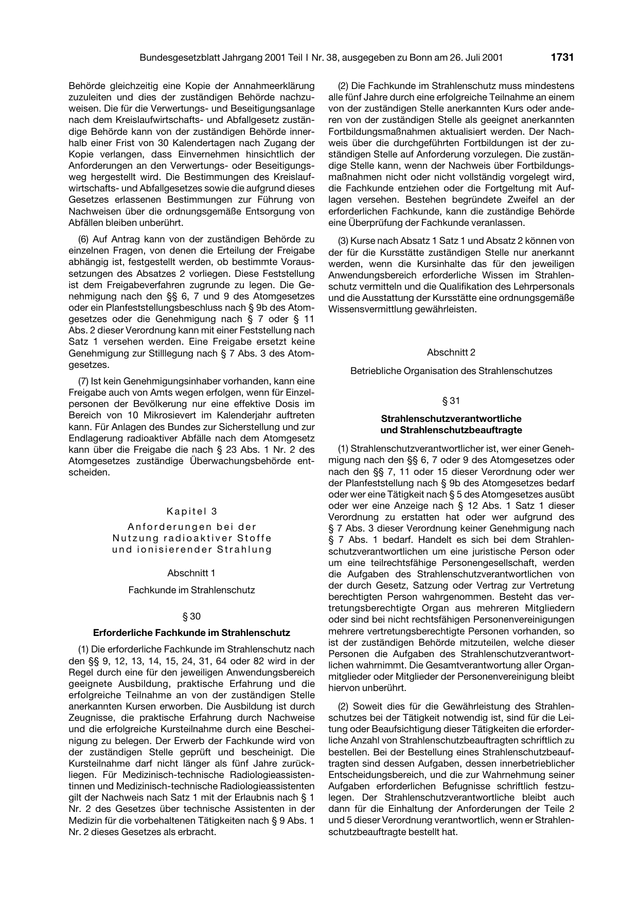 BGBl. 2001, Seite 1731 — Originalseite als Abbildung