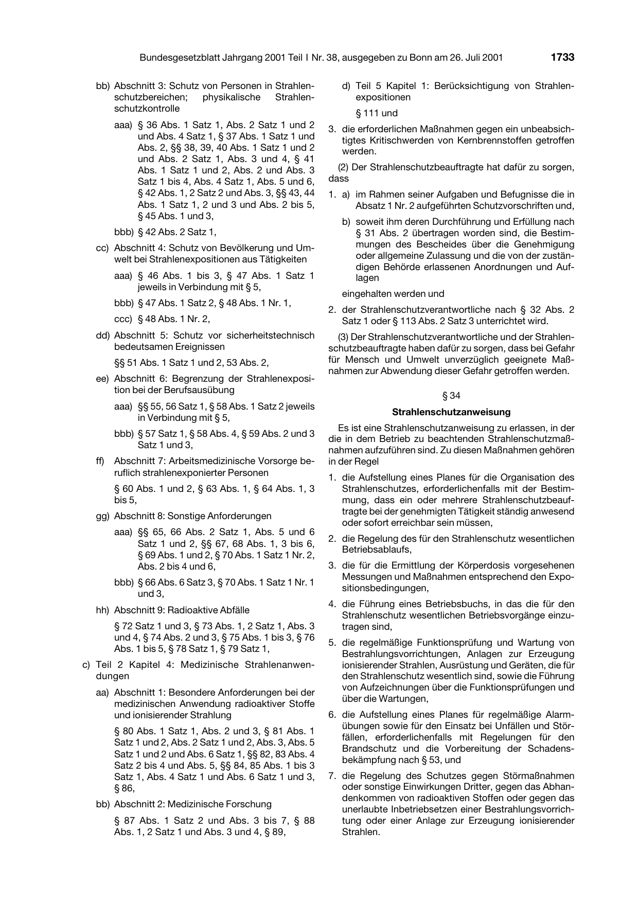 BGBl. 2001, Seite 1733 — Originalseite als Abbildung