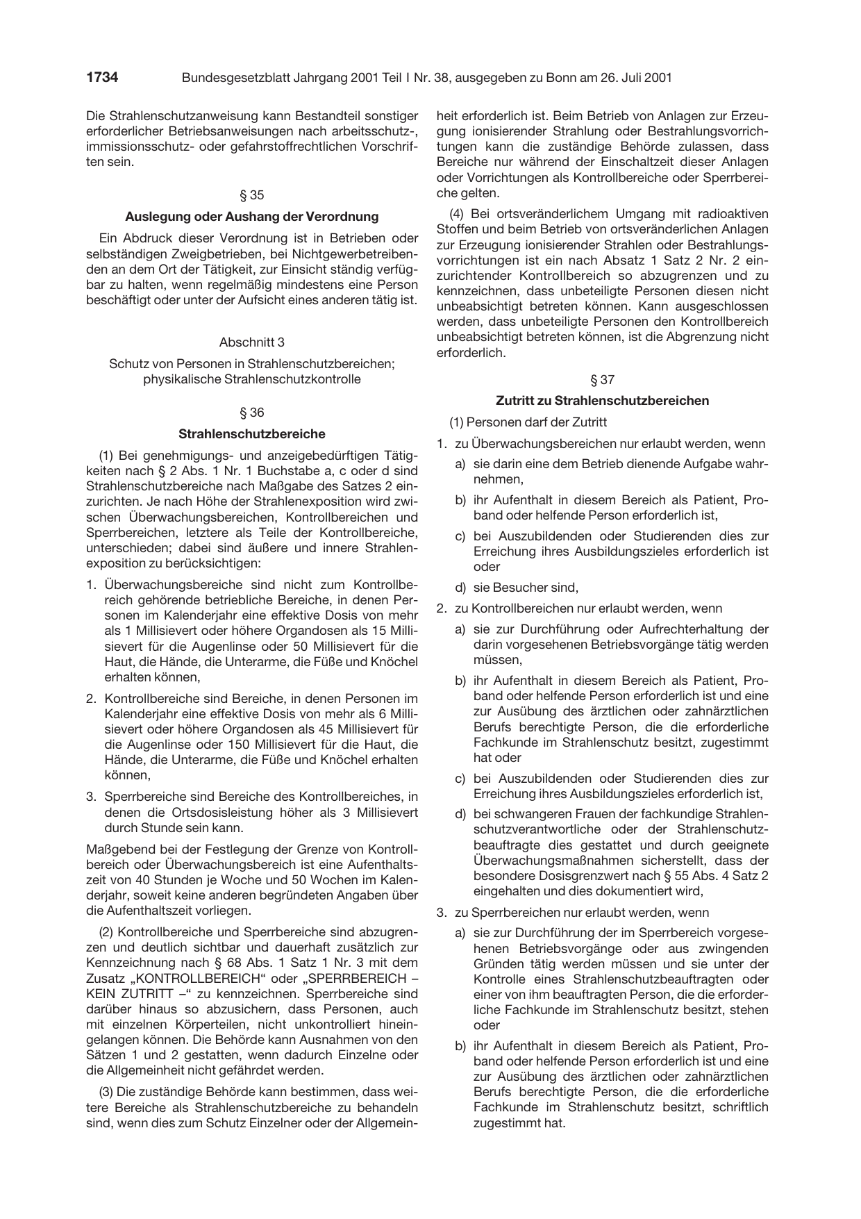 BGBl. 2001, Seite 1734 — Originalseite als Abbildung