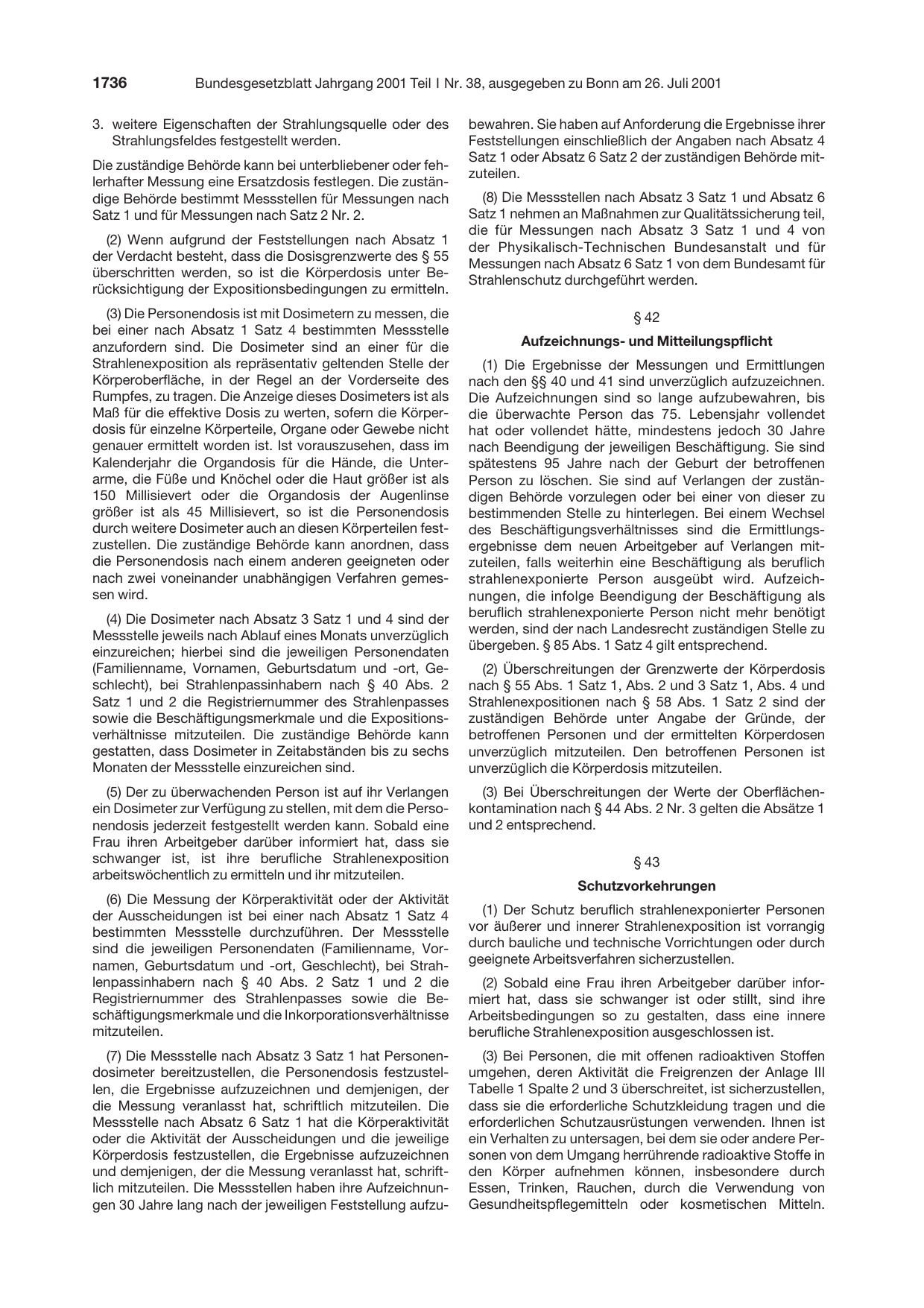 BGBl. 2001, Seite 1736 — Originalseite als Abbildung
