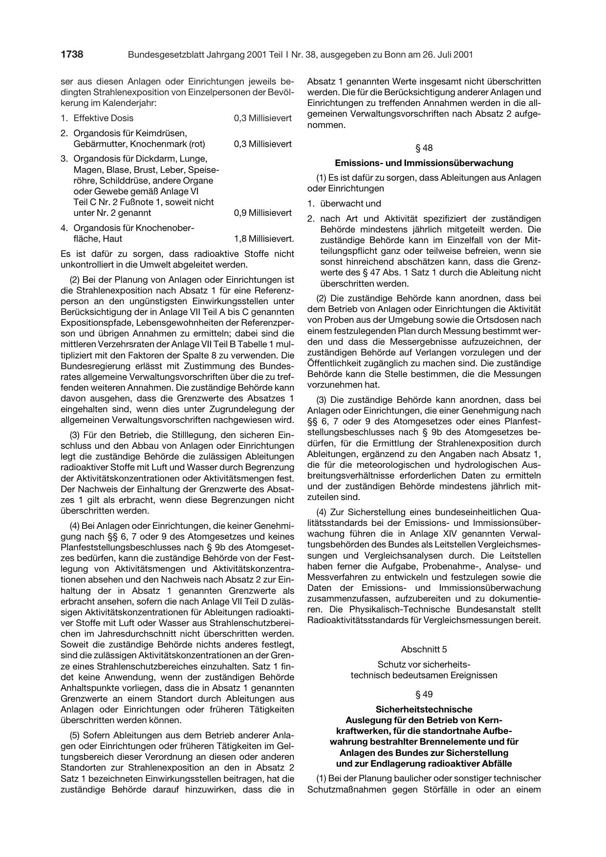BGBl. 2001, Seite 1738 — Originalseite als Abbildung