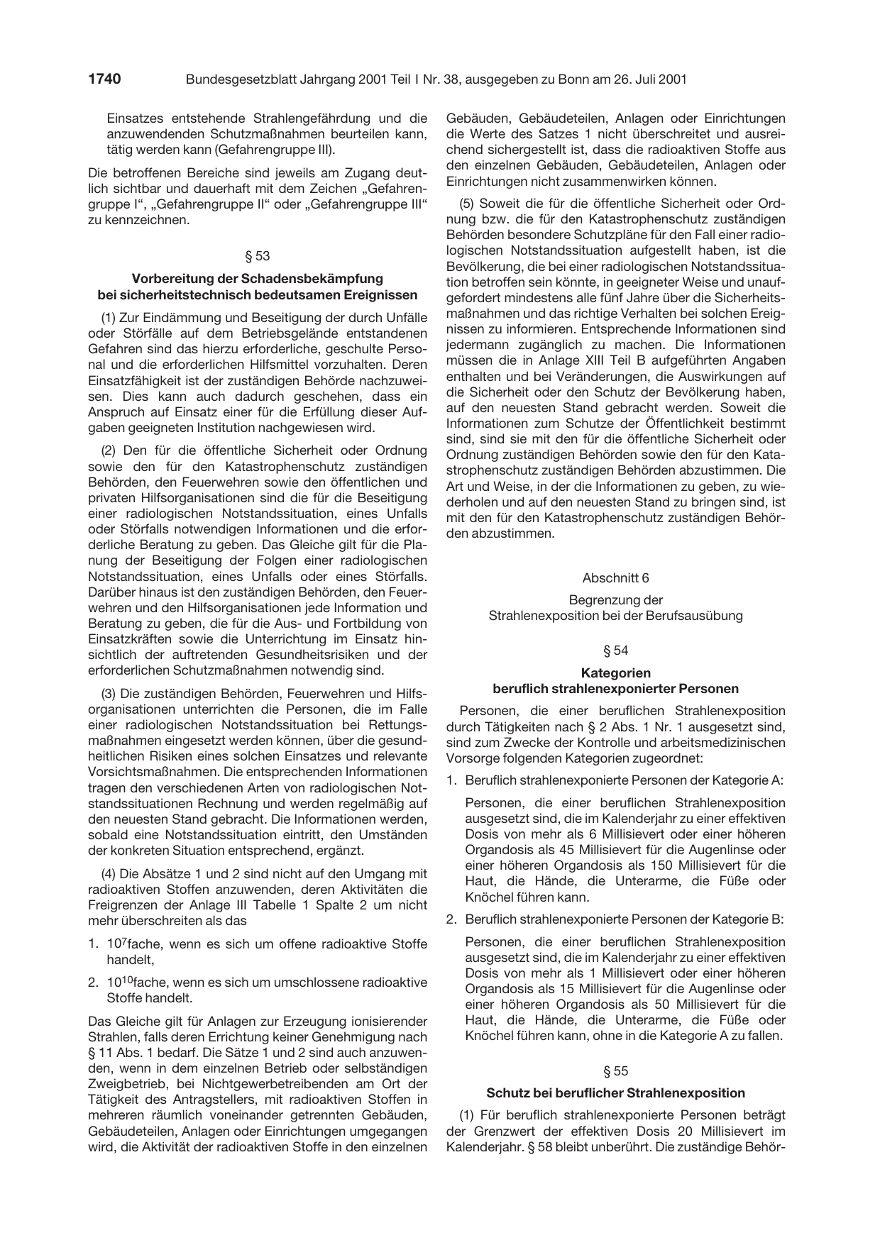 BGBl. 2001, Seite 1740 — Originalseite als Abbildung