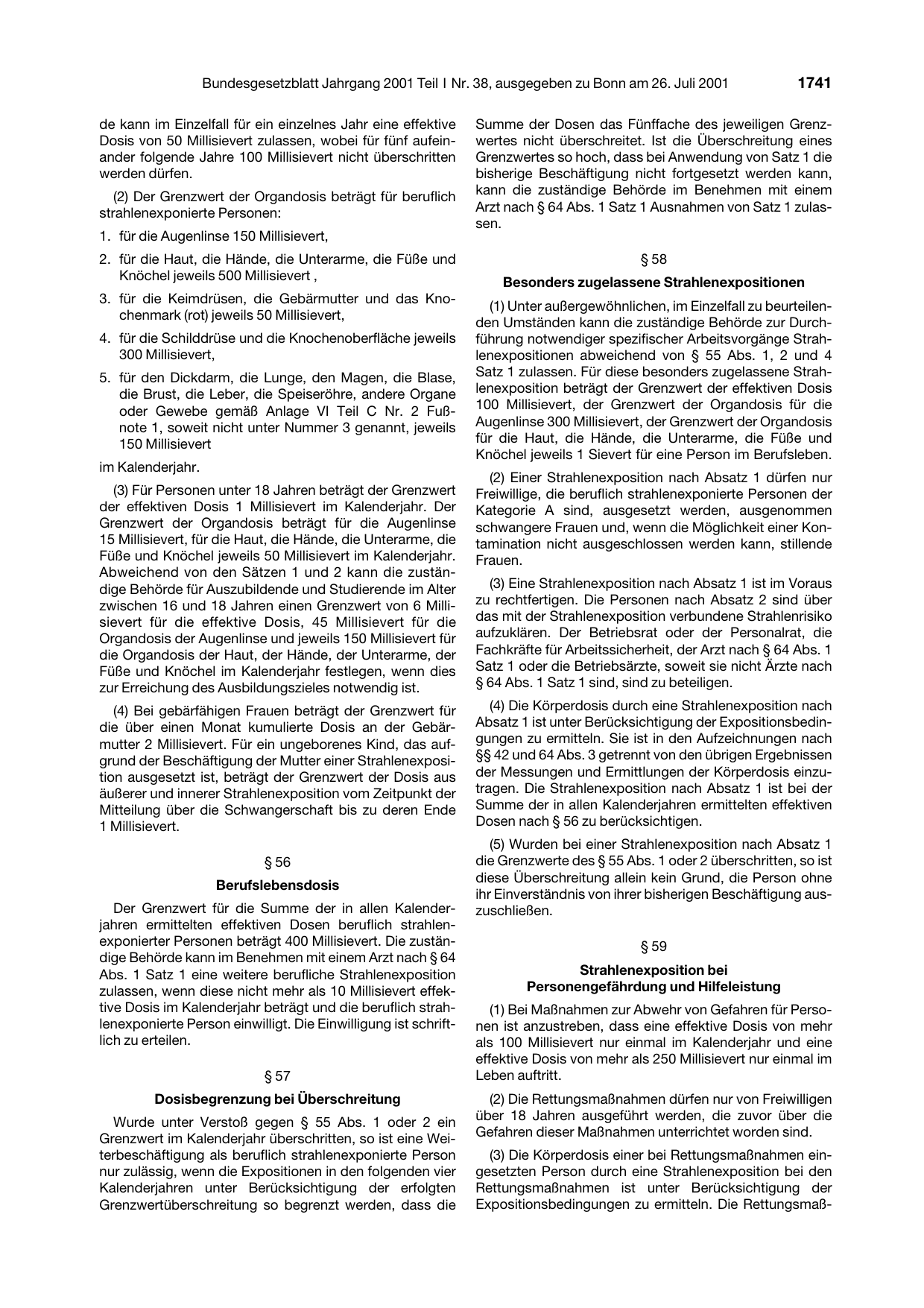 BGBl. 2001, Seite 1741 — Originalseite als Abbildung