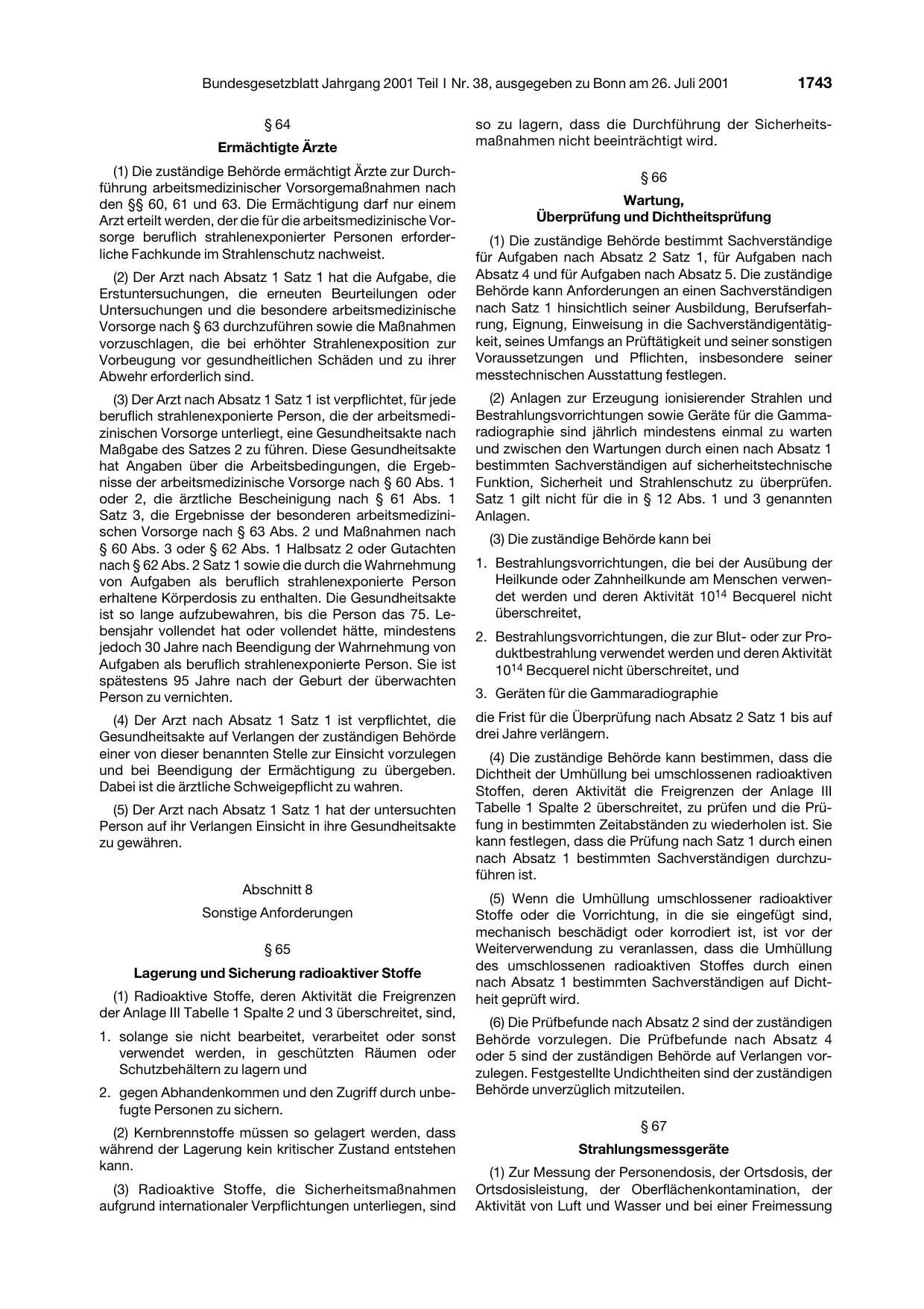 BGBl. 2001, Seite 1743 — Originalseite als Abbildung