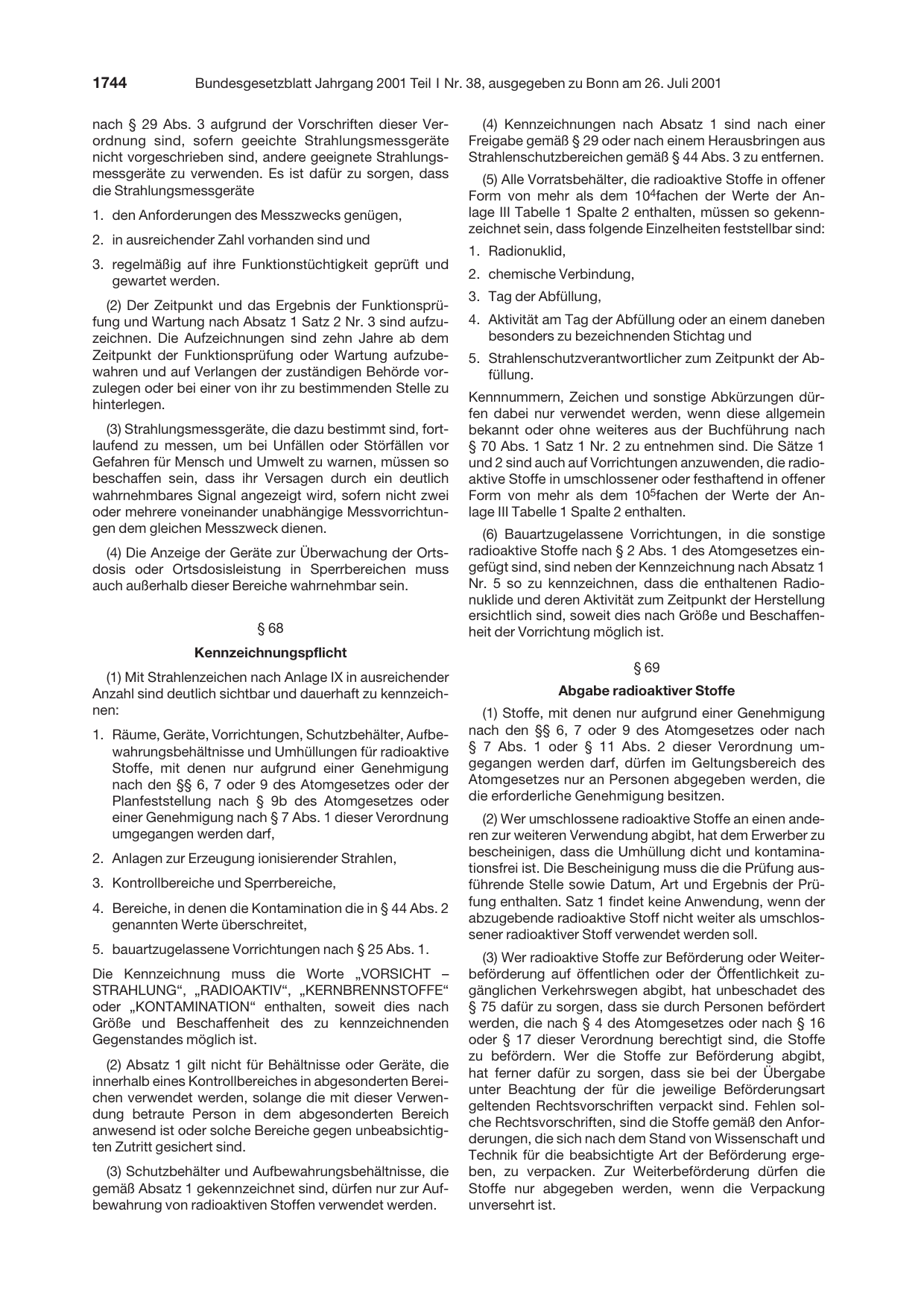 BGBl. 2001, Seite 1744 — Originalseite als Abbildung