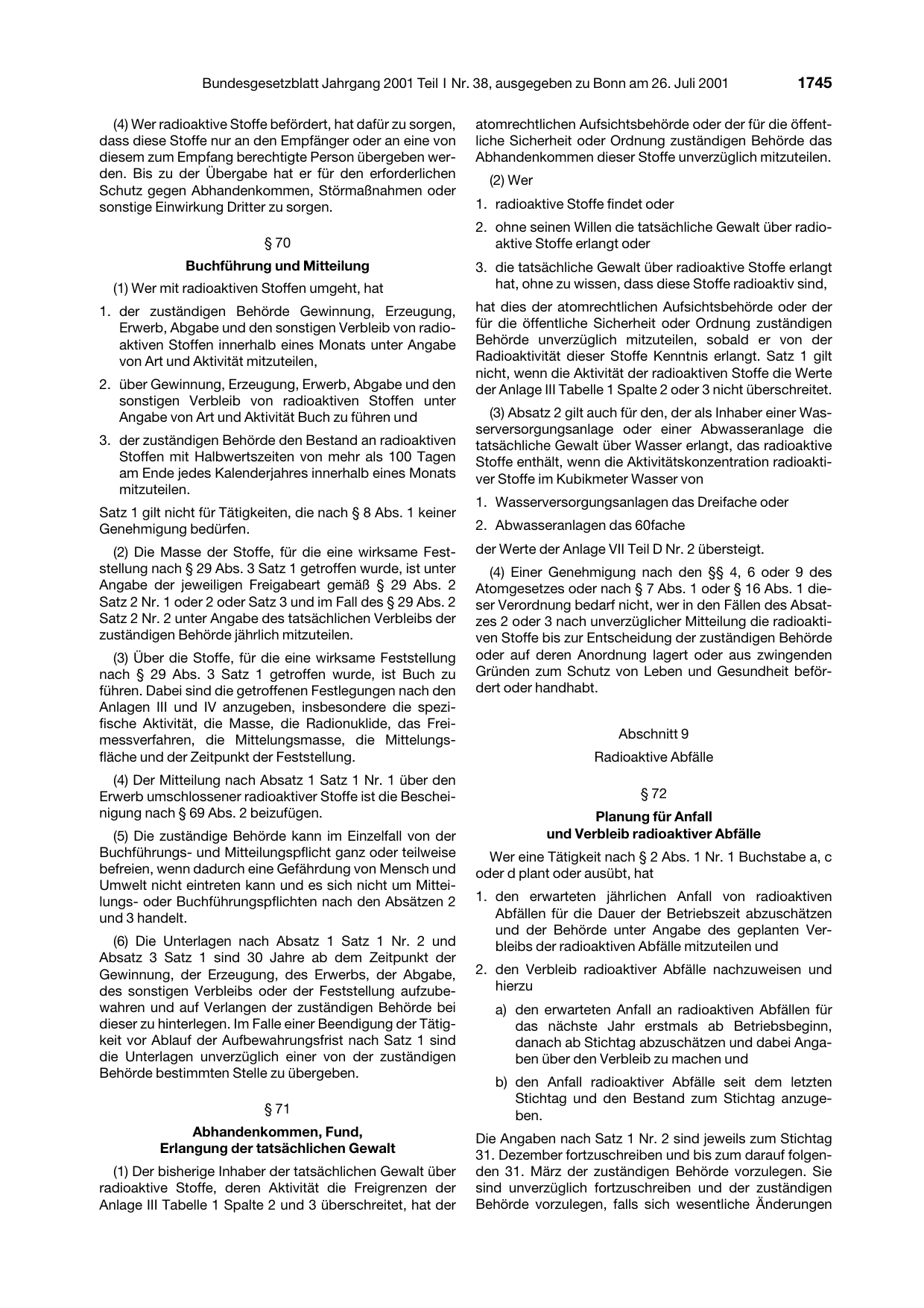 BGBl. 2001, Seite 1745 — Originalseite als Abbildung